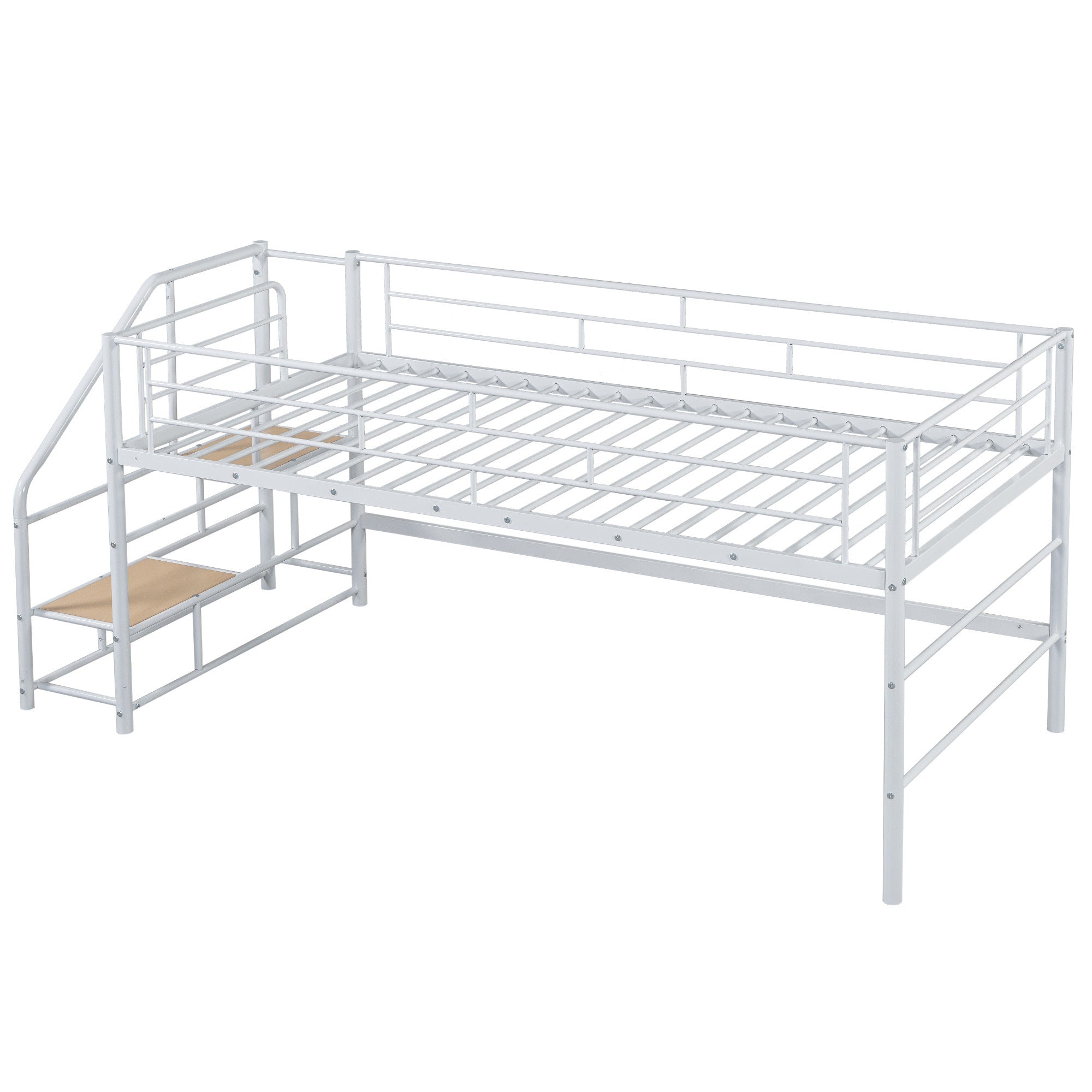 Mid Loft Bed with Storage stairs, Twin, White