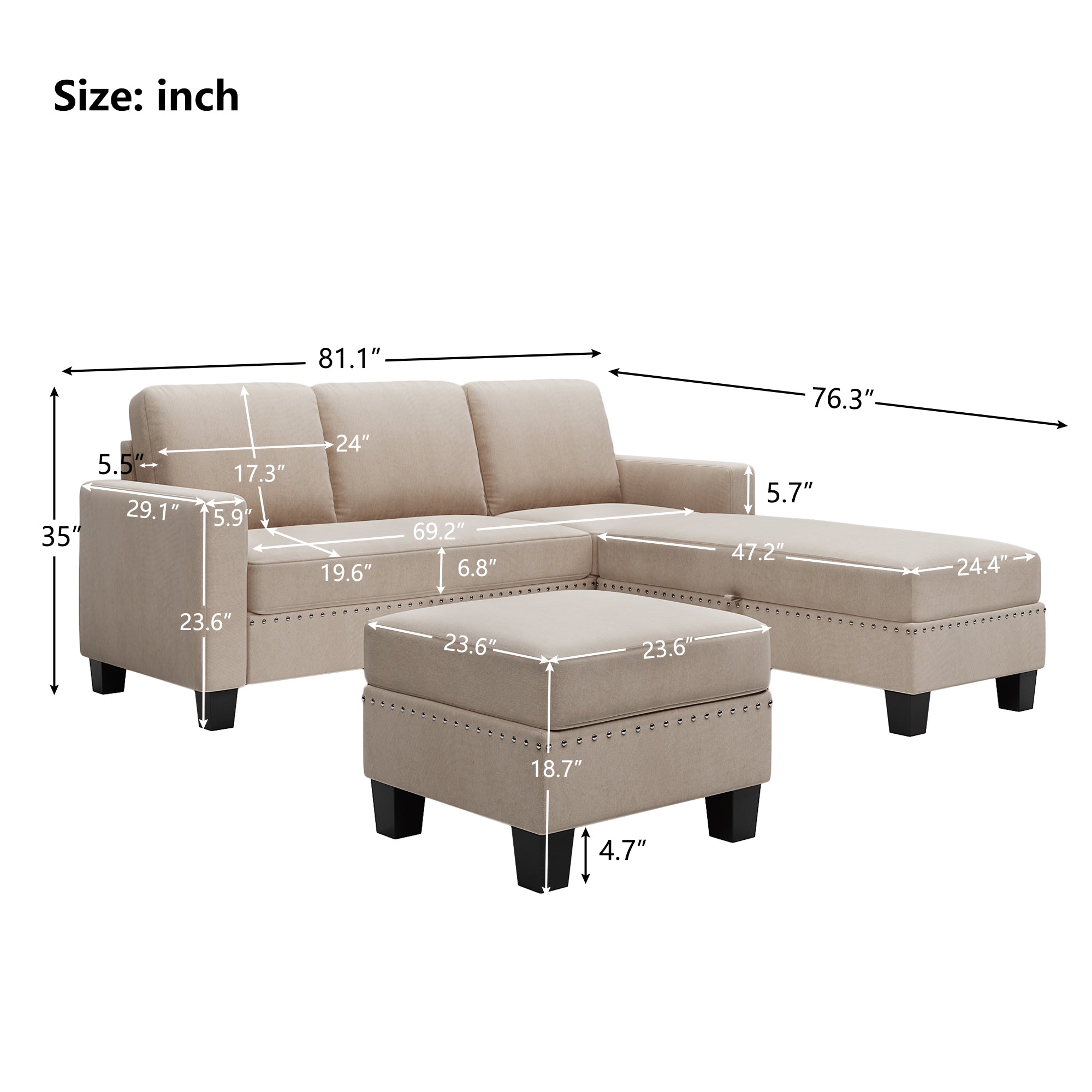 [New] [VIDEO provided] 81.1*76.3*35" Reversible Sectional Couch with Storage Ottoman L-Shaped Sofa,Sectional Sofa with Chaise,Nailheaded Textured Fabric 3 pieces Sofa Set,Warm Grey