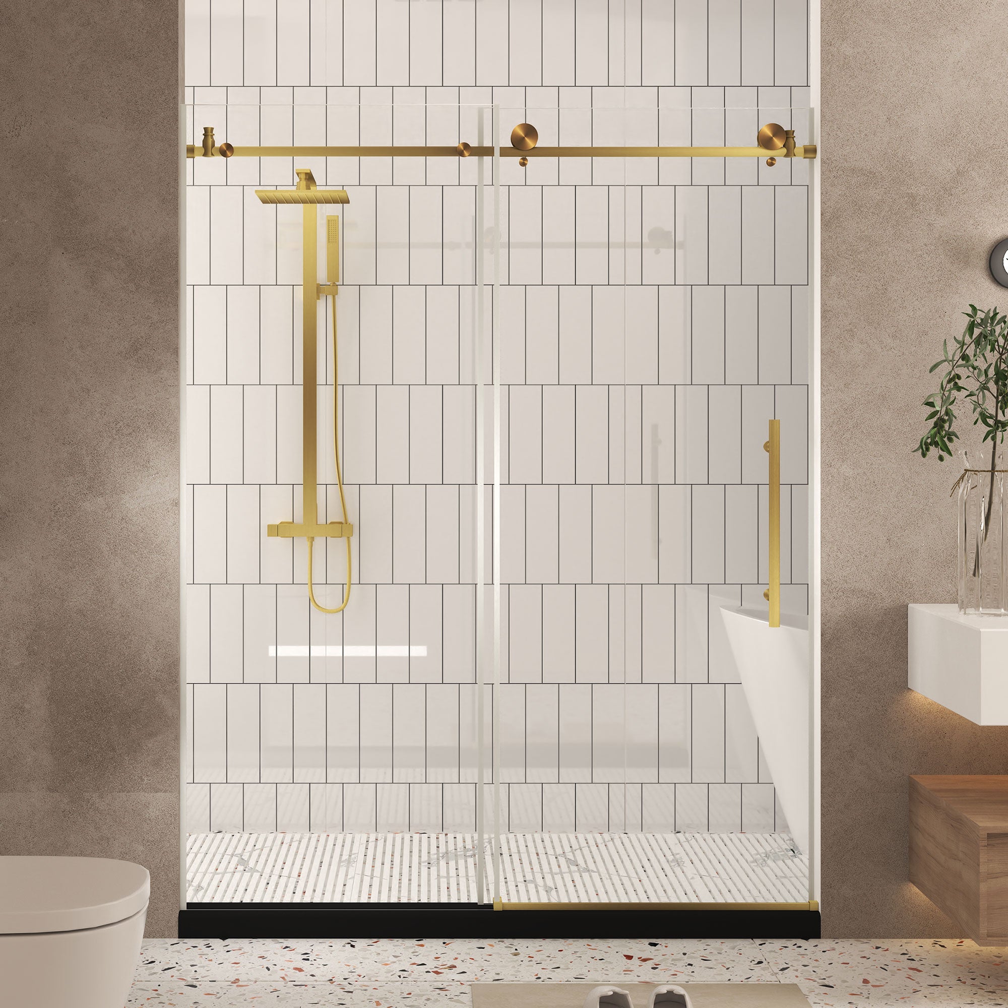 Frameless shower door 44-48 inch brushed gold front view