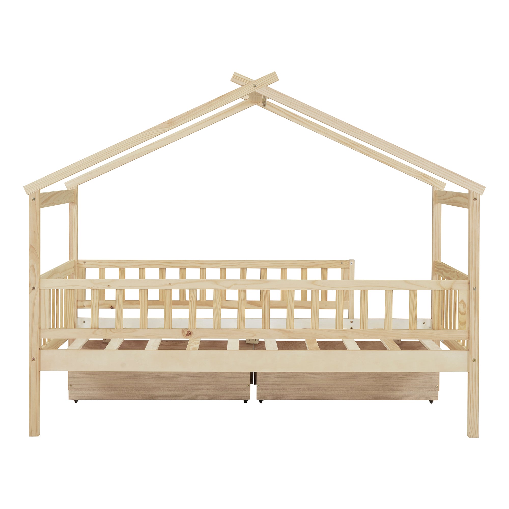 Twin Size Wooden House Bed with Two Drawers, Natural