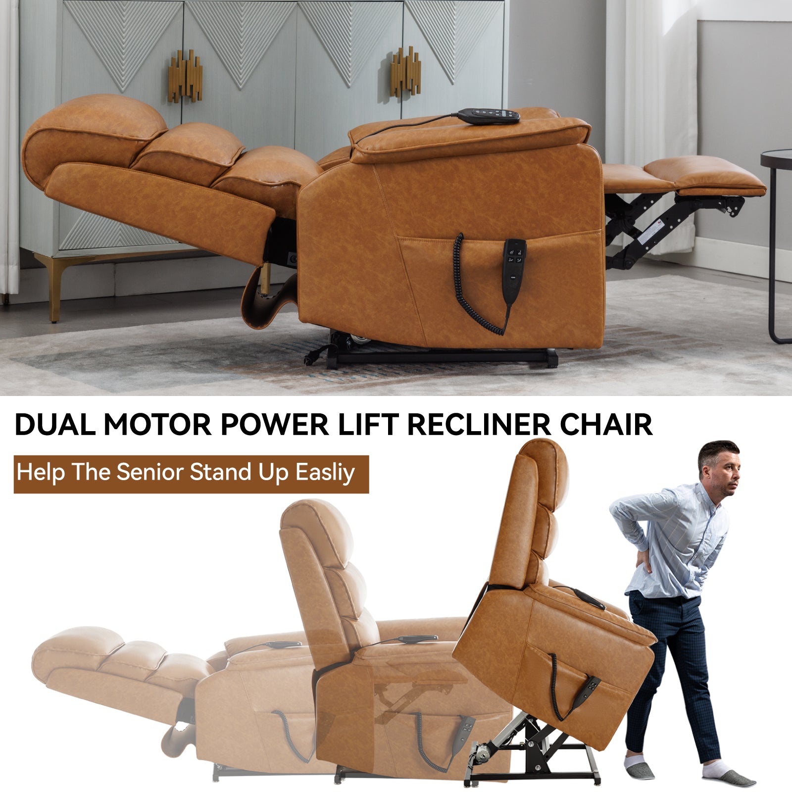 Brown Leatheraire Dual Motor Infinite Position Up to 350 LBS Power Lift Recliner Chair with Power-Remote, Heat Massage and Heavy Duty Motion Mechanism