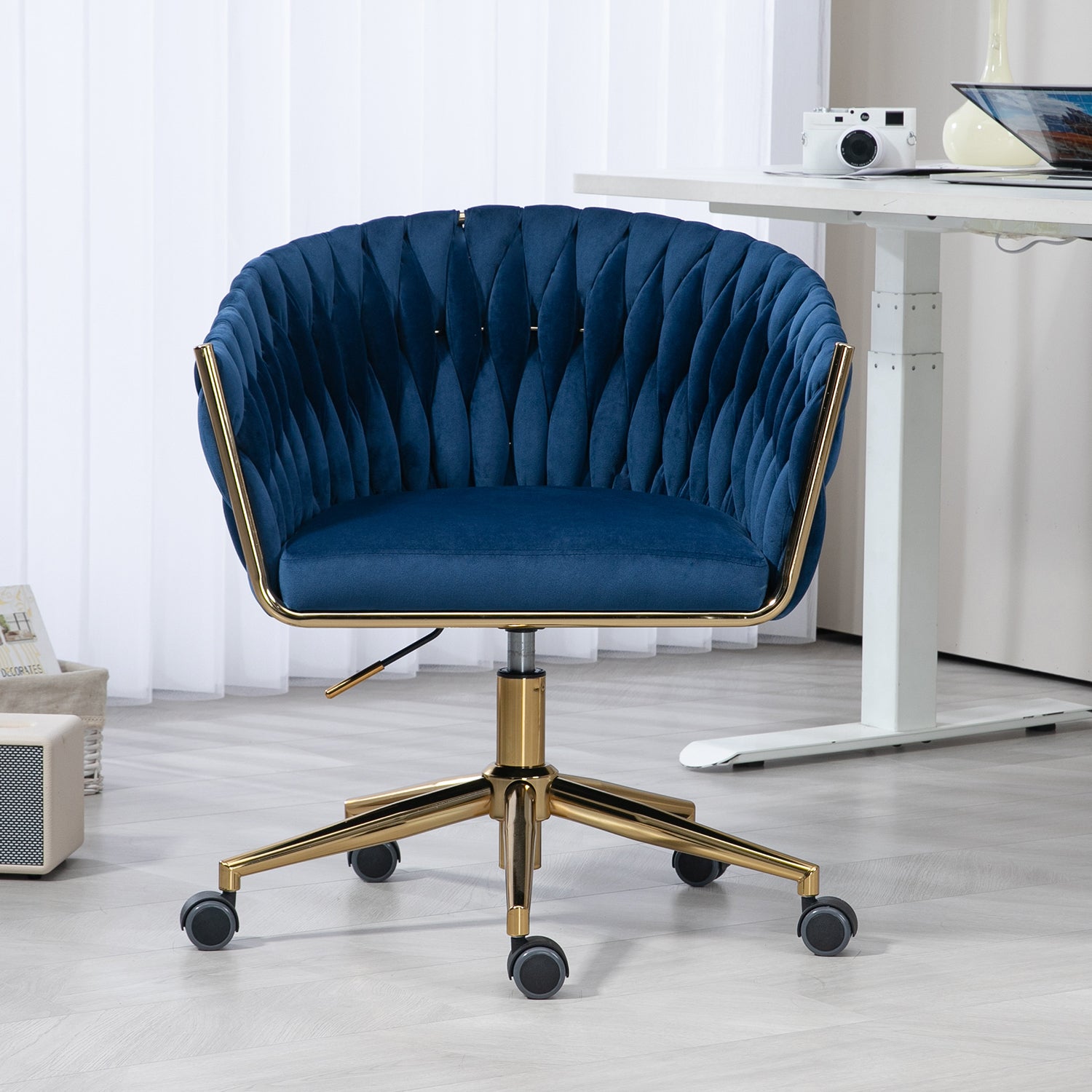 Modern design the backrest is hand made woven Office chair,Vanity chairs with wheels,Height adjustable,360° swivel for bedroom, living room(BLUE)