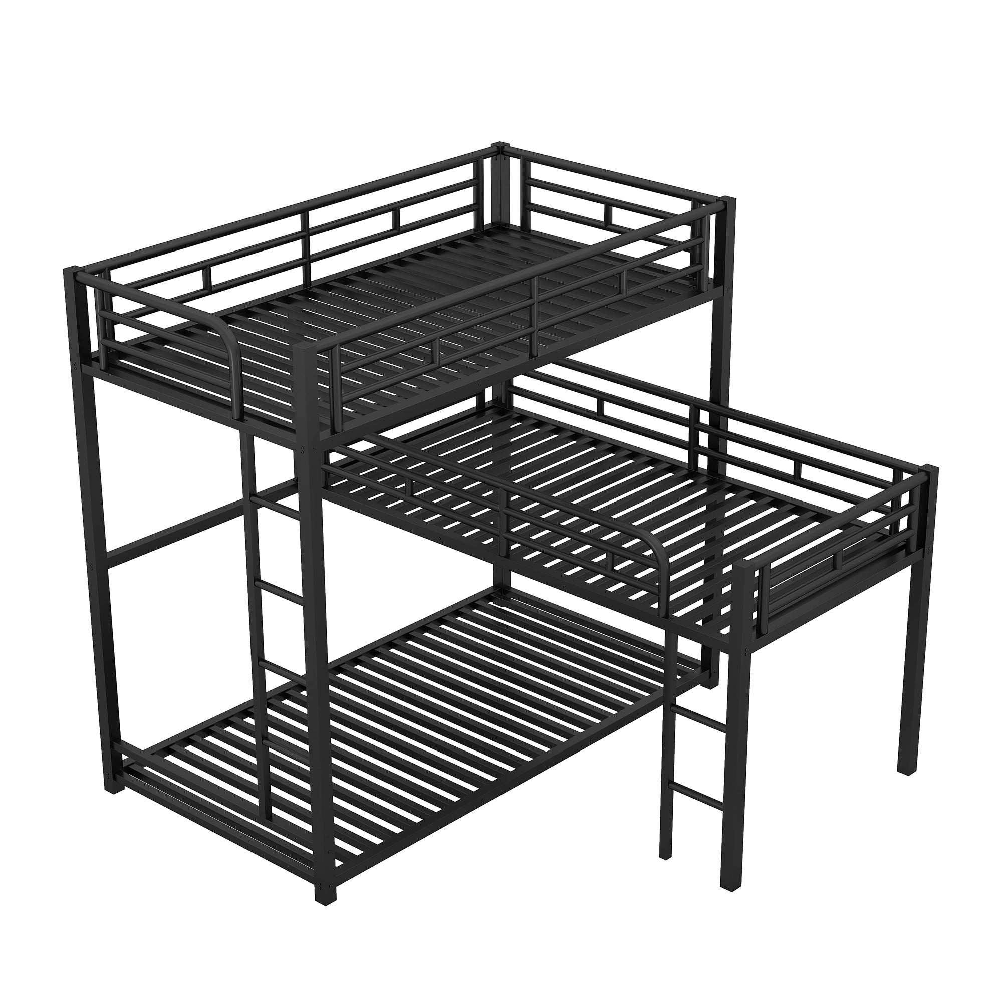 L-shaped Metal Triple Twin Size Bunk Bed, Black(OLD SKU:SM000605AAB)