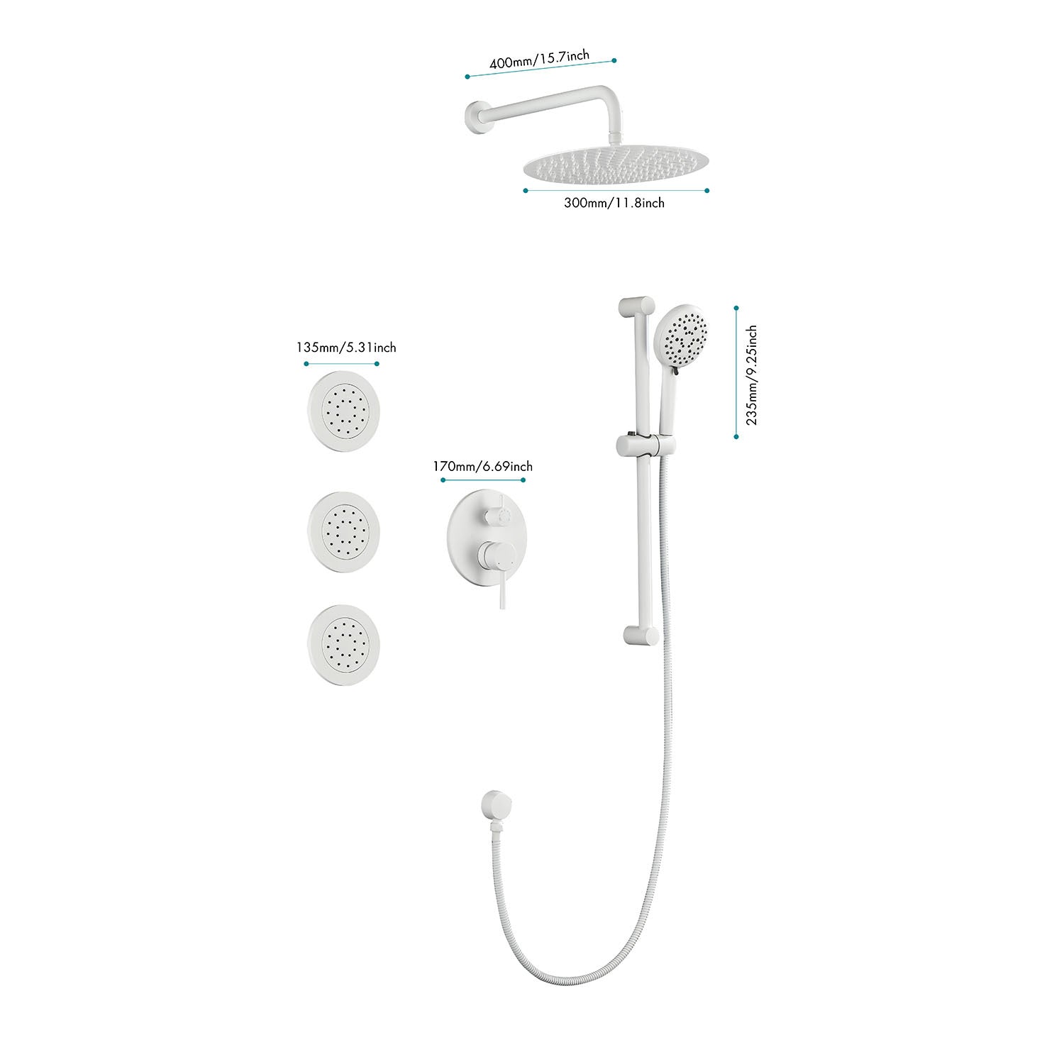 Shower System with Shower Head, Hand Shower, Slide Bar, Bodysprays, Shower Arm, Hose, Valve Trim, and Lever Handles