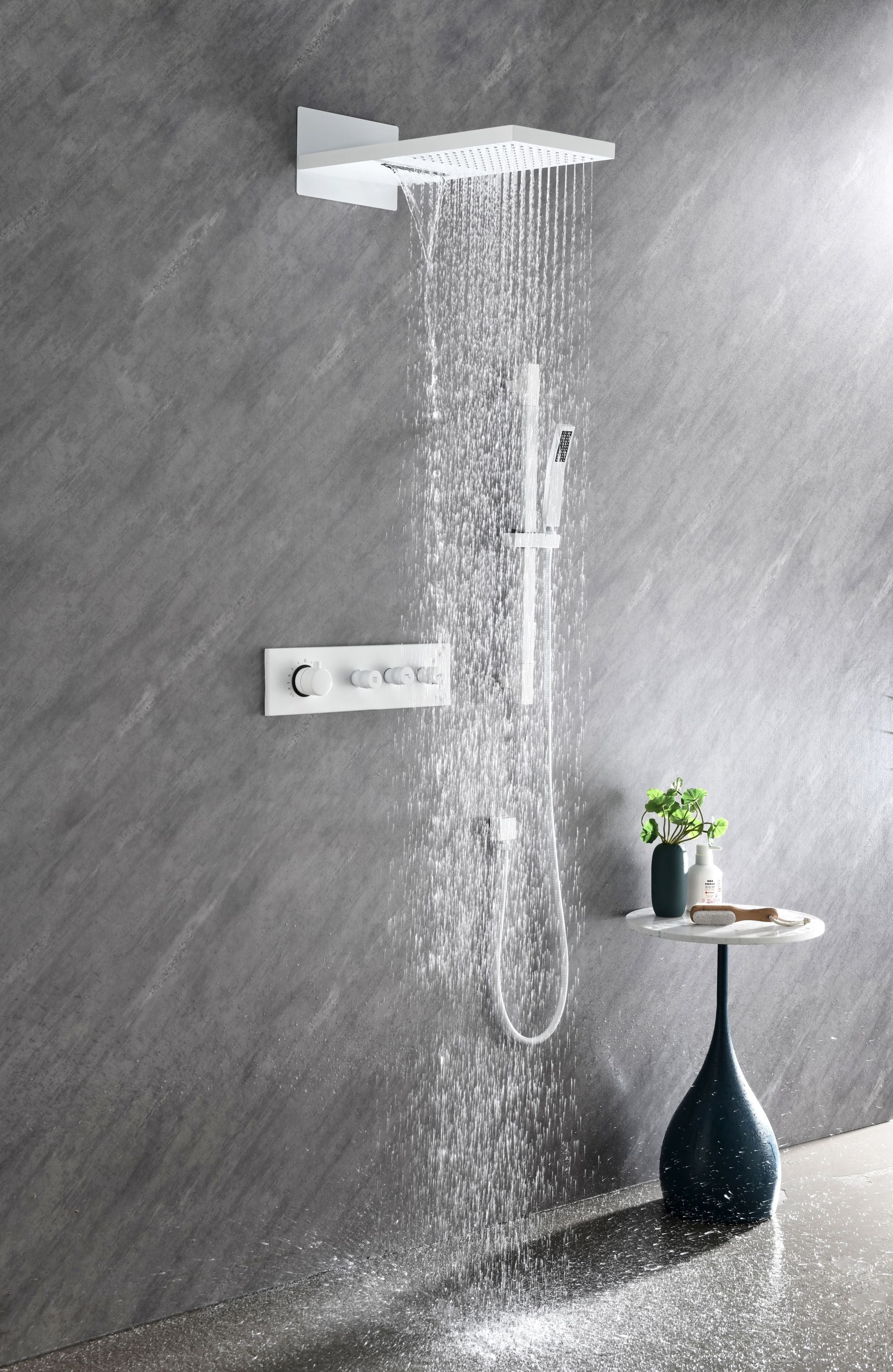 Wall Mounted Waterfall Rain Shower System With 3 Body Sprays & Handheld Shower