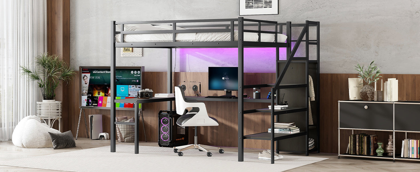 Full XL Size Loft Bed with L-shaped Desk and USB, Metal Loft Bed with Wardrobe and Adjustable Shelf, High Loft Bed with LED for Kids Teens Adults, Black(Expect Arrive 2024/10/10)