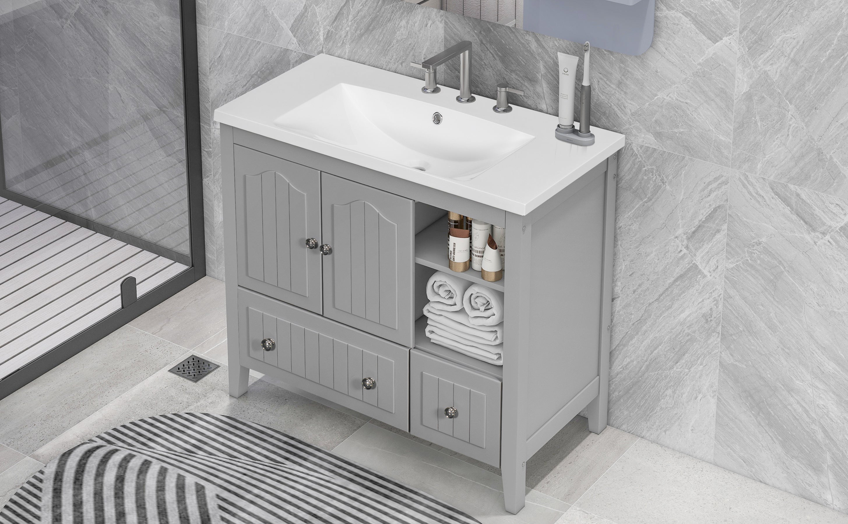 [VIDEO] 36" Bathroom Vanity with Ceramic Basin, Bathroom Storage Cabinet with Two Doors and Drawers, Solid Frame, Metal Handles, Grey (OLD SKU: JL000003AAE)