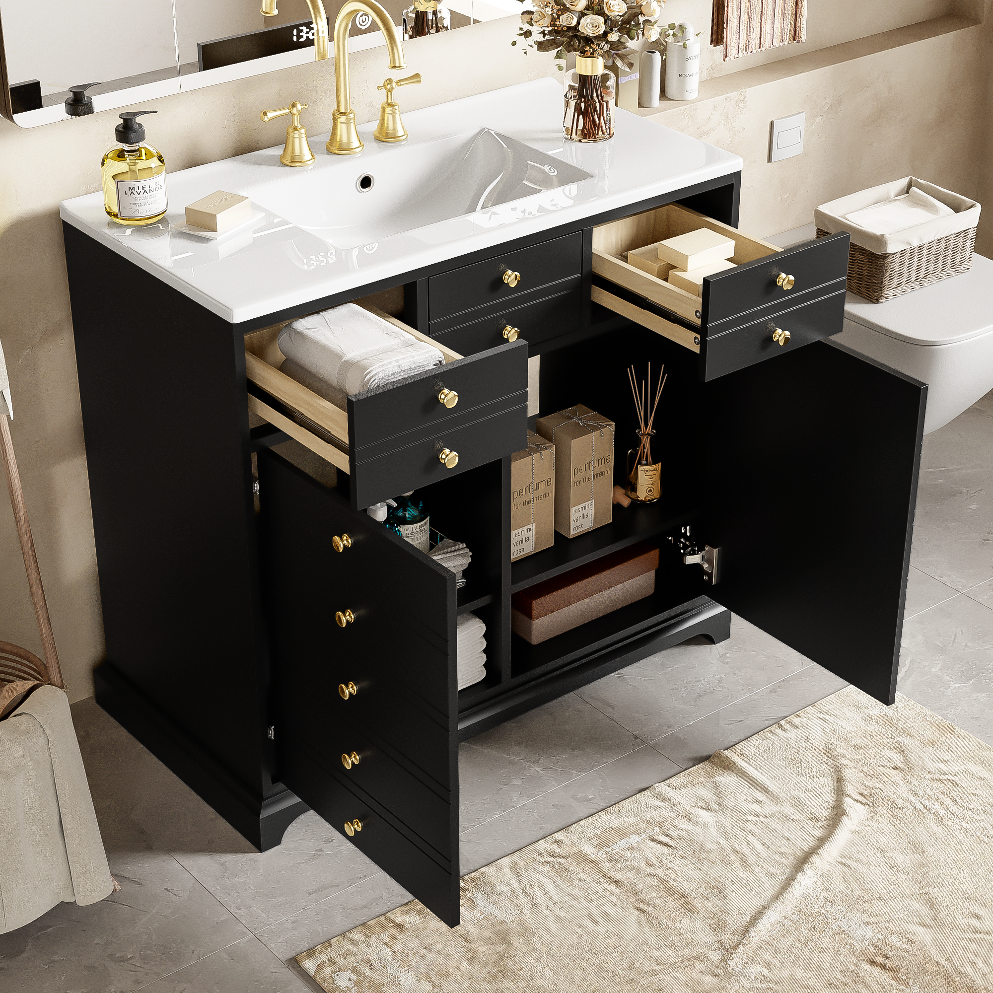 36'' Bathroom Vanity with Ceramic Sink Combo, Solid Wood Frame Bathroom Storage Cabinet, Freestanding Vanity Set with 2 Drawers& Soft Closing Doors, Black