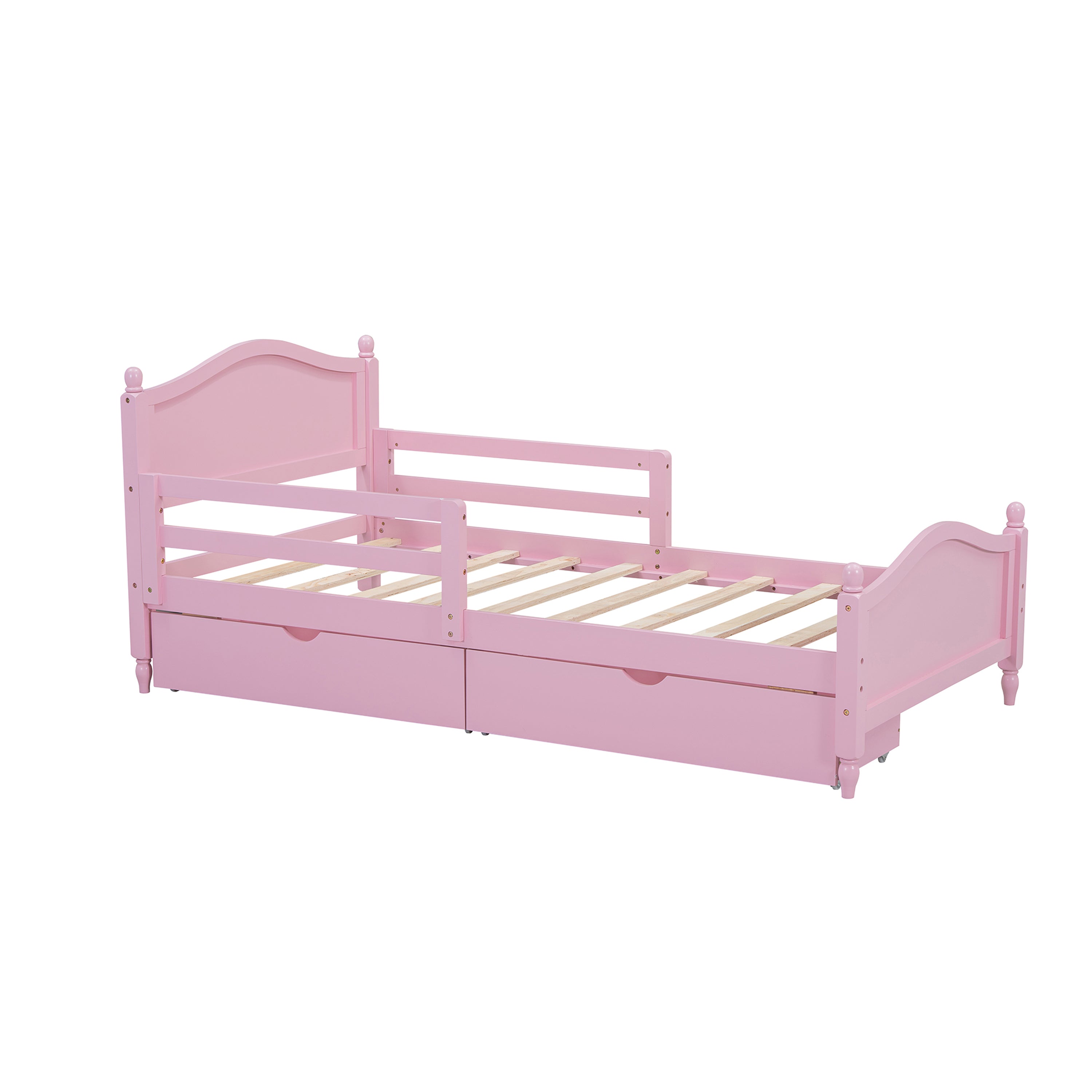 Twin Size Wood Platform Bed with Guardrails on Both Sides and Two Storage Drawers ,Pink