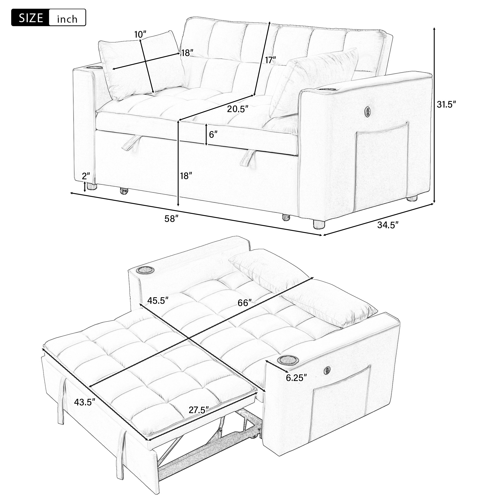 58" 4-1 Multi-functional Sofa Bed with Cup Holder and USB Port for Living Room or Apartments, Gray