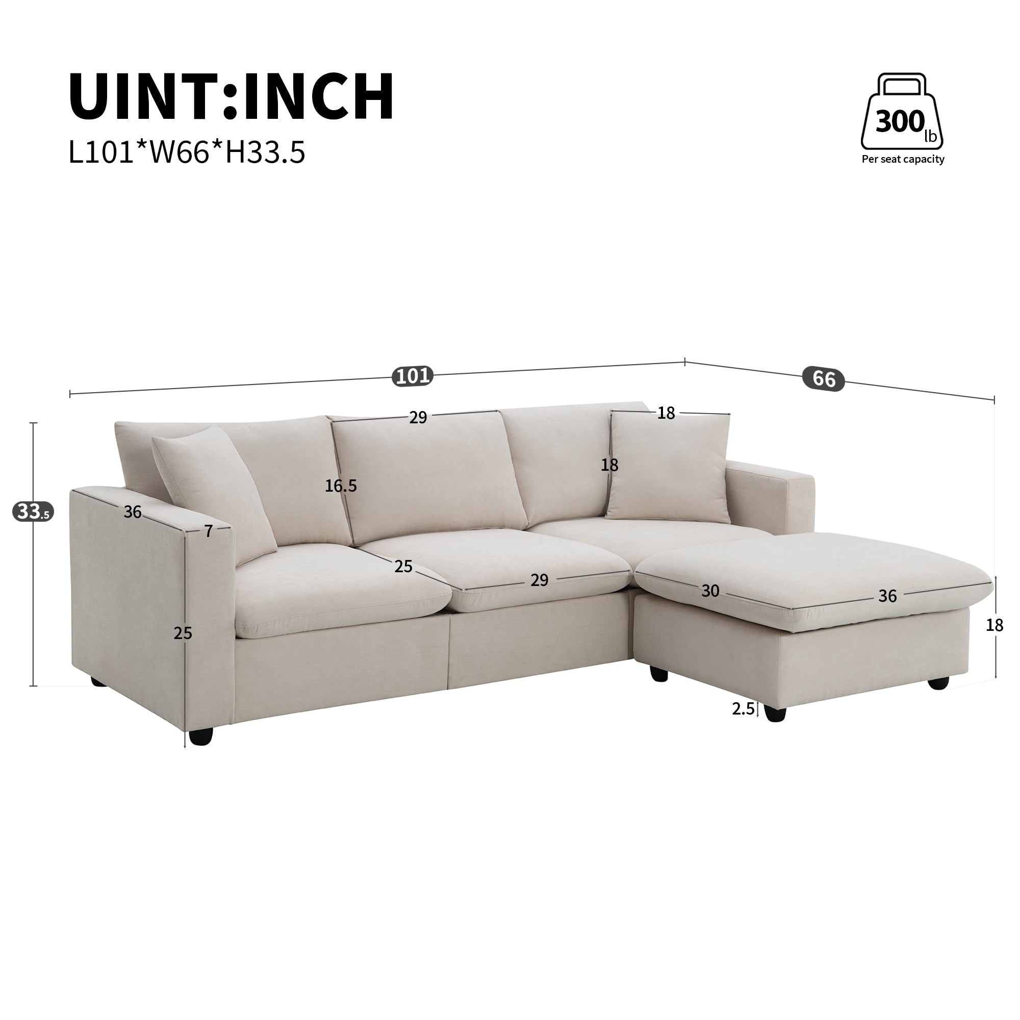 [VIDEO provided] [New] 100.4*64.6" Modern Sectional Sofa,L-shaped Couch Set with 2 Free pillows,4-seat Polyester Fabric Couch Set with Convertible Ottoman for Living Room, Apartment, Office,4 Colors