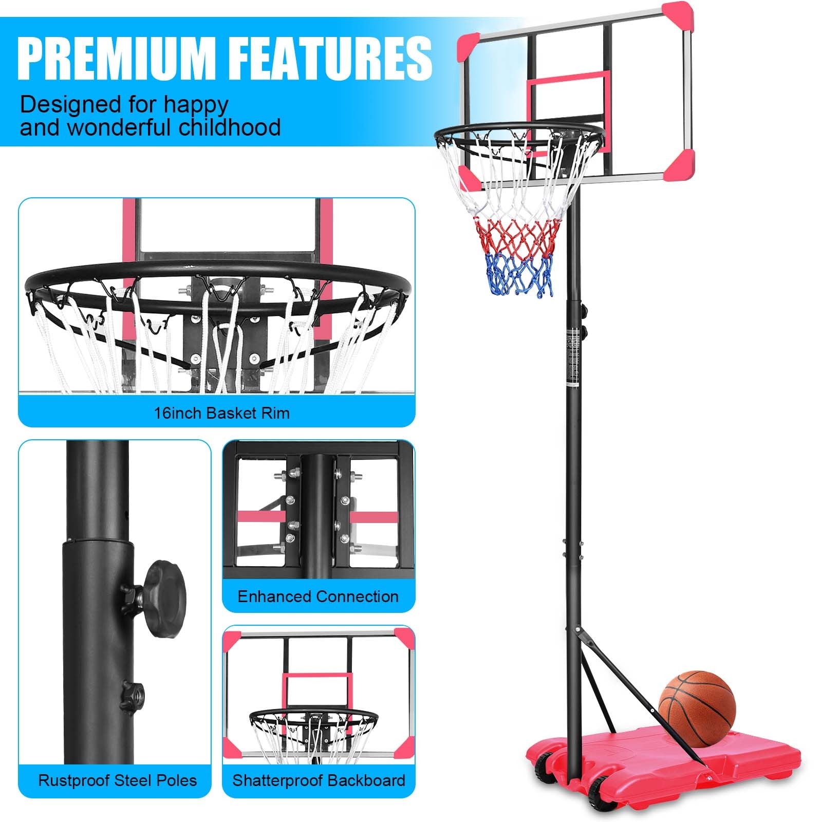 Portable Basketball Goal System with Stable Base and Wheels, use for Indoor Outdoor teenagers youth height adjustable 5.6 to 7ft Basketball Hoop 28 Inch Backboard