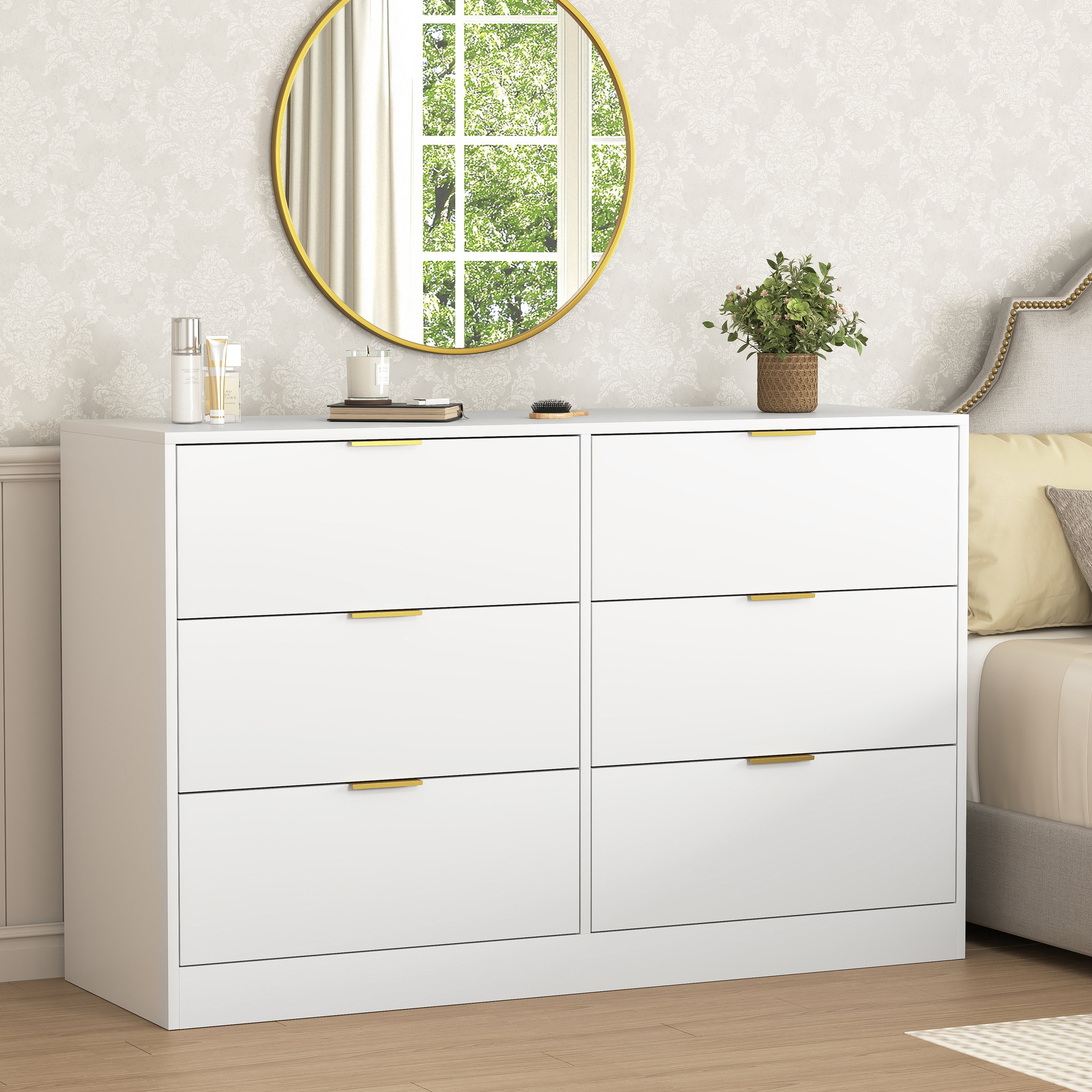 White 6-drawer modern dresser chest of drawers, front view