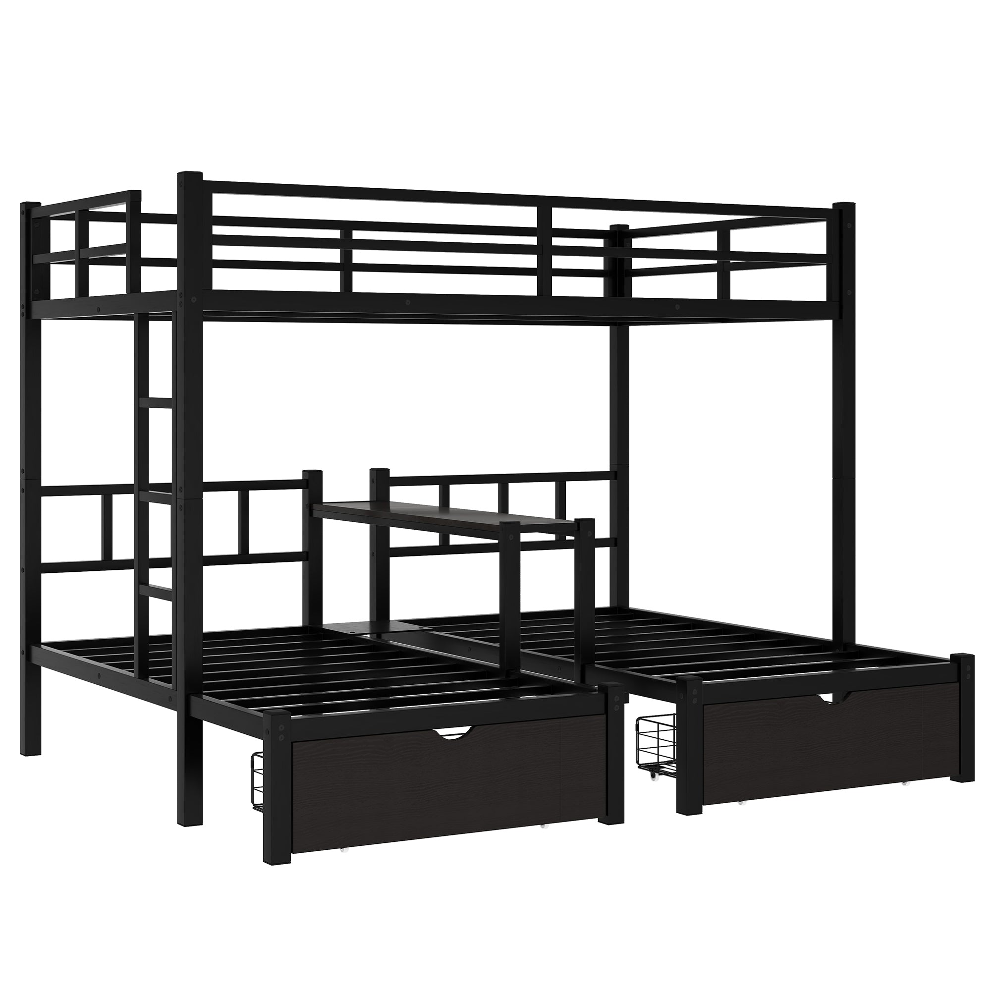 FULL XL Over Twin & Twin Triple Bunk Bed with Drawers, Multi-functional Metal Frame Bed with desks and shelves in the middle, Black