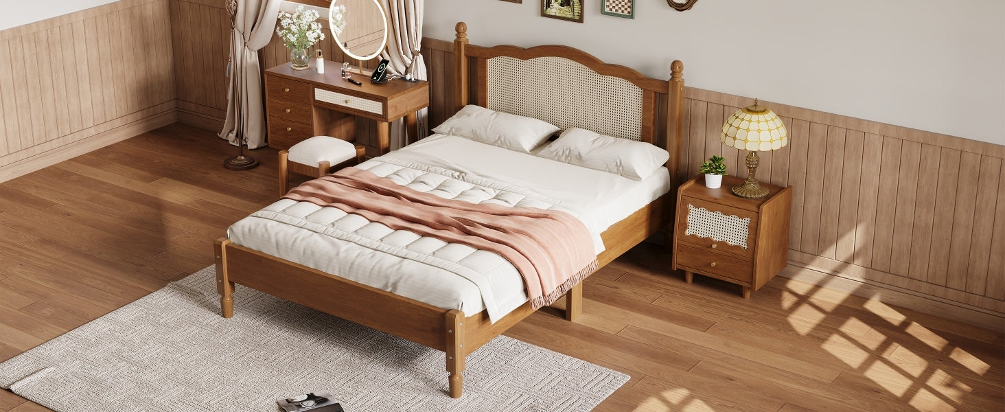 Full Size Wooden Platform Bed with Natural Rattan Headboard, Vintage Bed Frame with Wooden Slat Support, Walnut