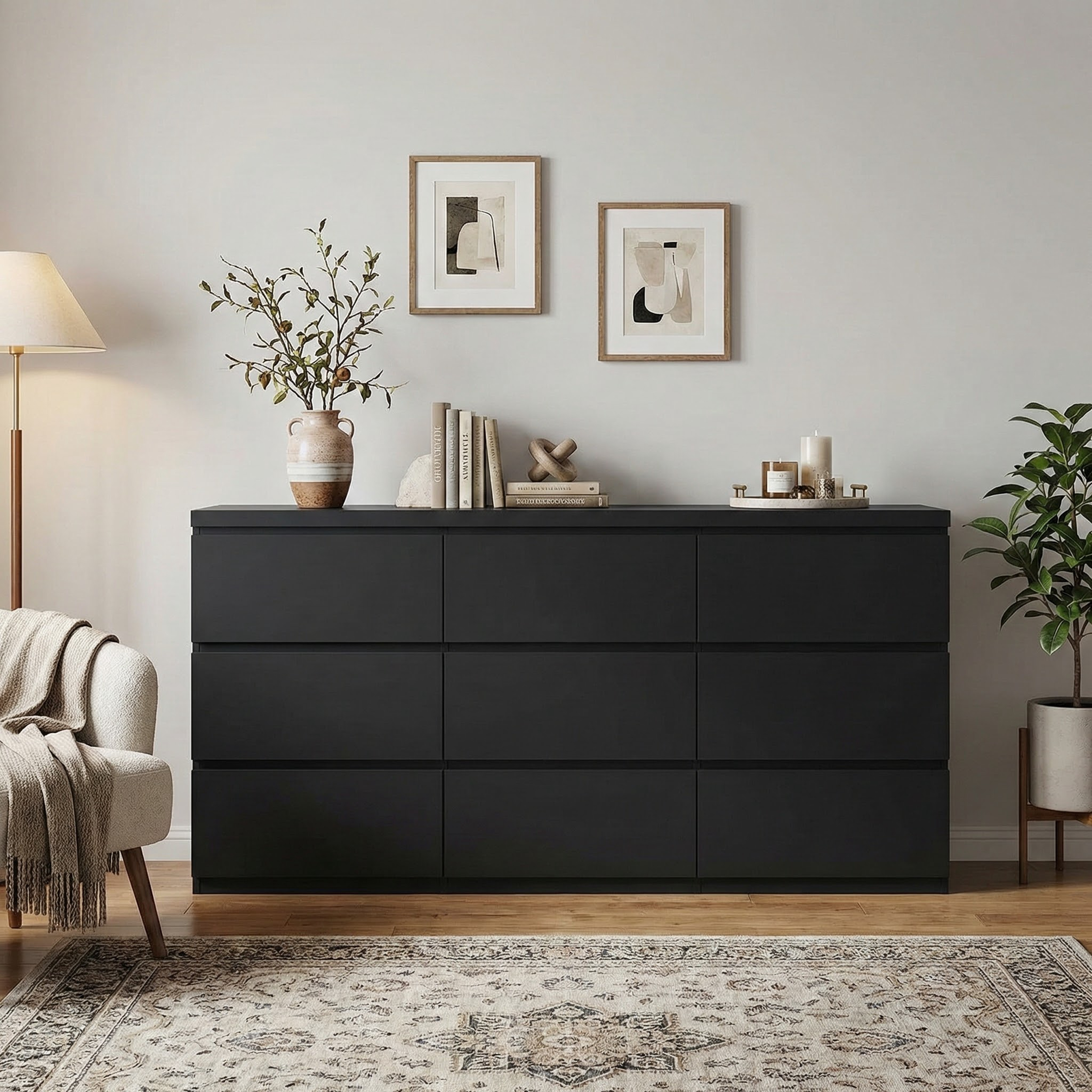 9-drawer black matte wood dresser, handleless modern chest, front view