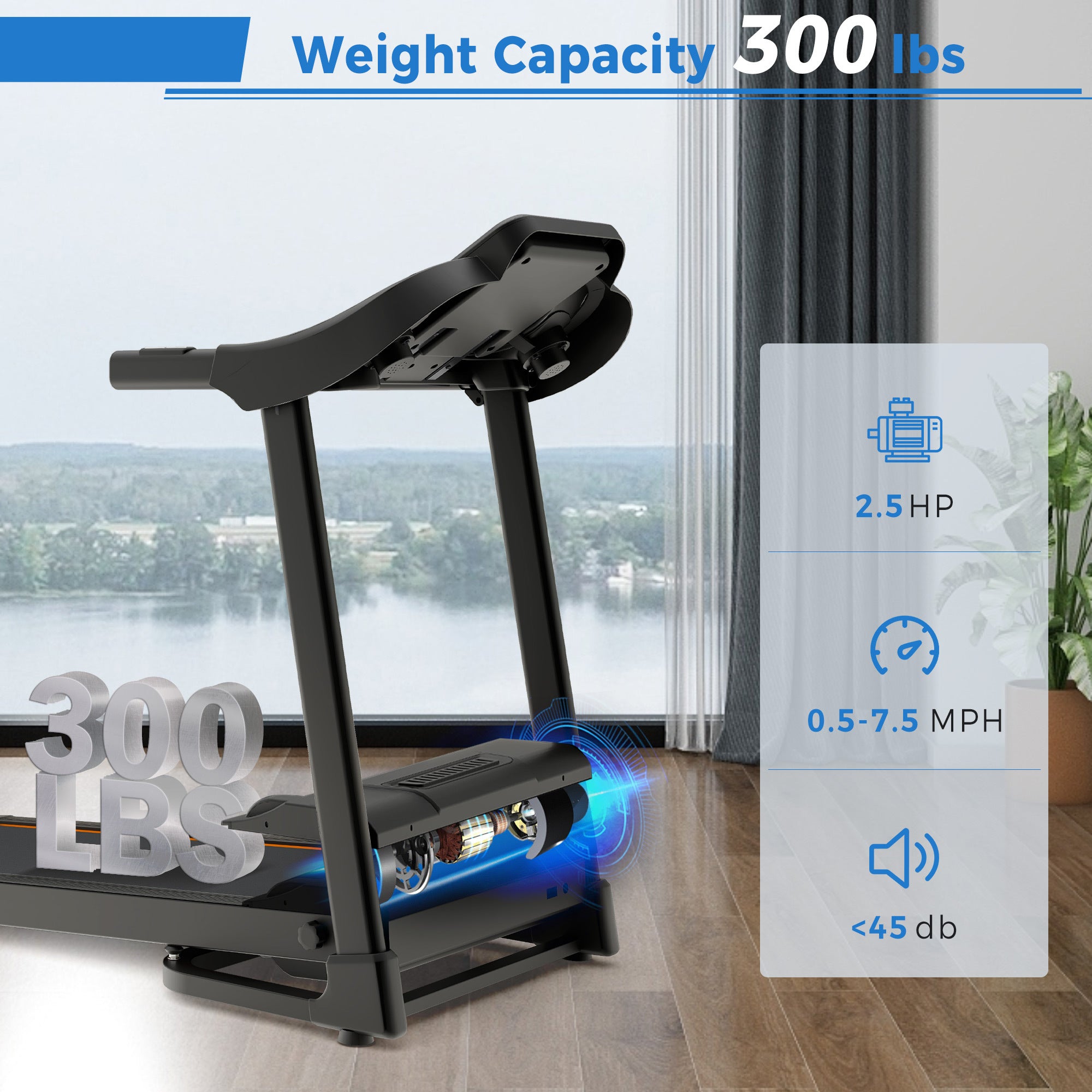 Compact Easy Folding Treadmill Motorized Running Jogging Machine with Audio Speakers and Incline Adjuster