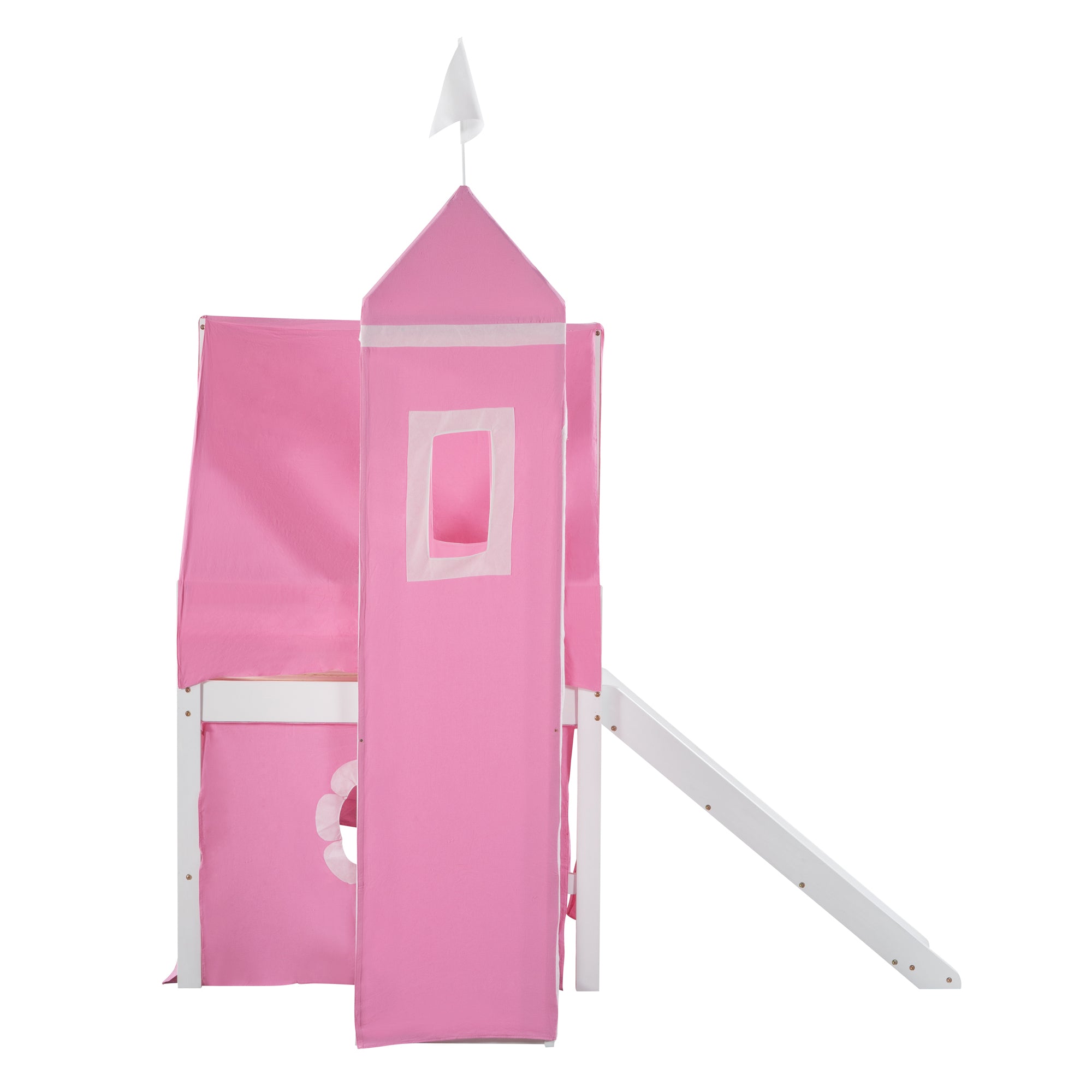 Twin Size Loft Bed with Slide Pink Tent and Tower - Pink