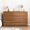 12-drawer double dresser in walnut wood finish, front view