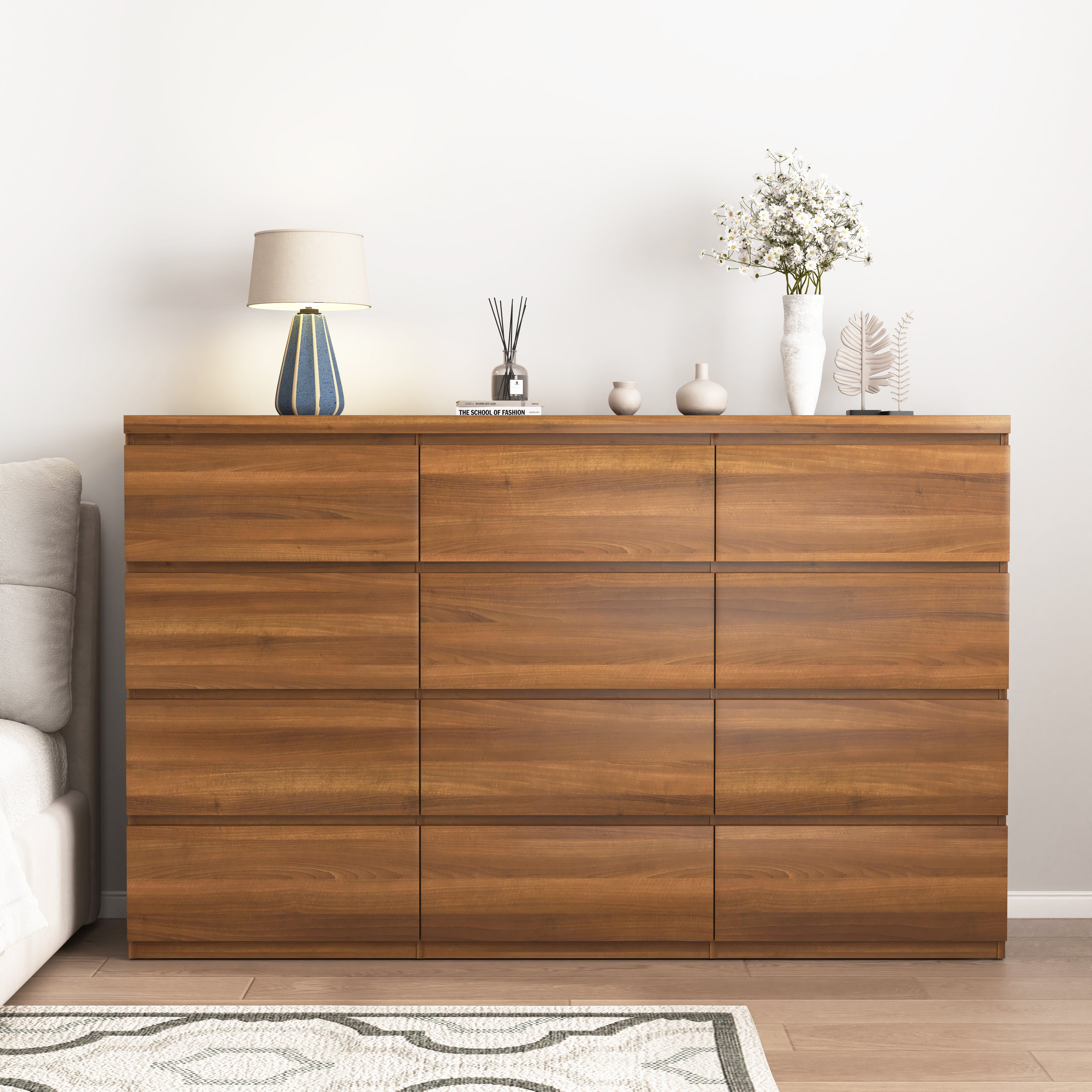 12-drawer double dresser in walnut wood finish, front view