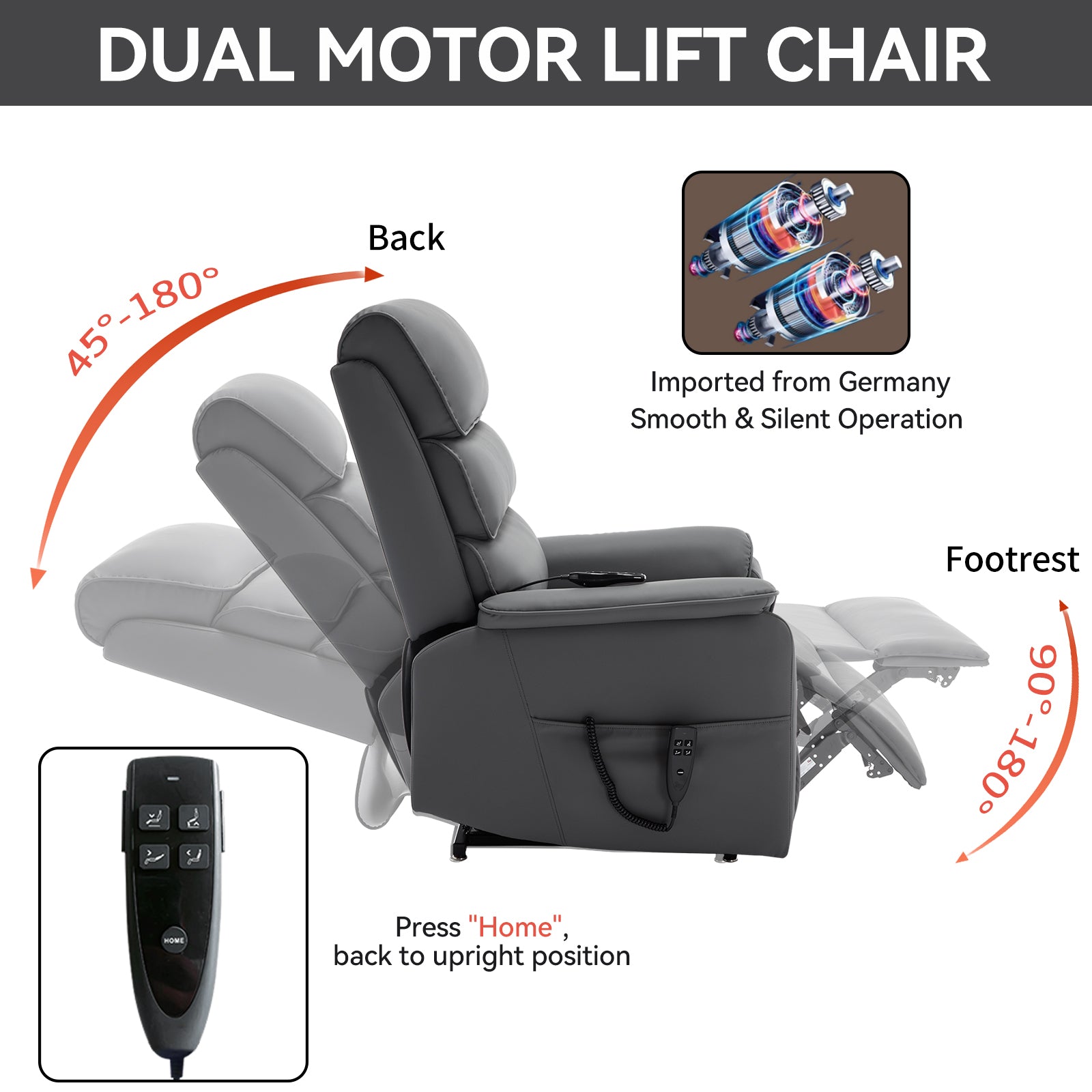 Grey Cat-proof Leather Dual Motor Infinite Position Up to 350 LBS Power Lift Recliner Chair with Power-Remote, Heat Massage and Heavy Duty Motion Mechanism