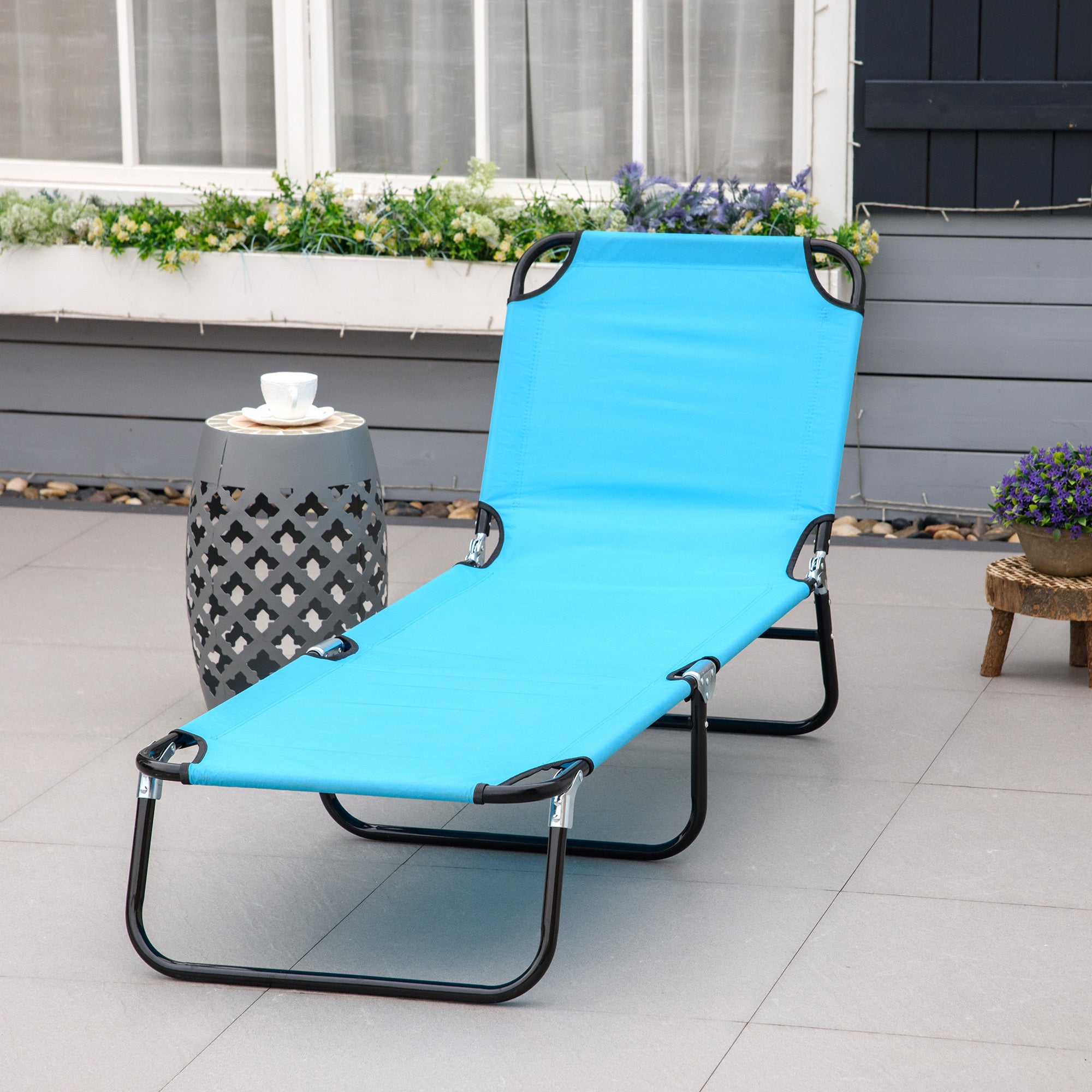 Outsunny Folding Chaise Lounge Pool Chairs, Outdoor Sun Tanning Chairs with 5-Level Reclining Back, Steel Frame for Beach, Yard, Patio, Sky Blue