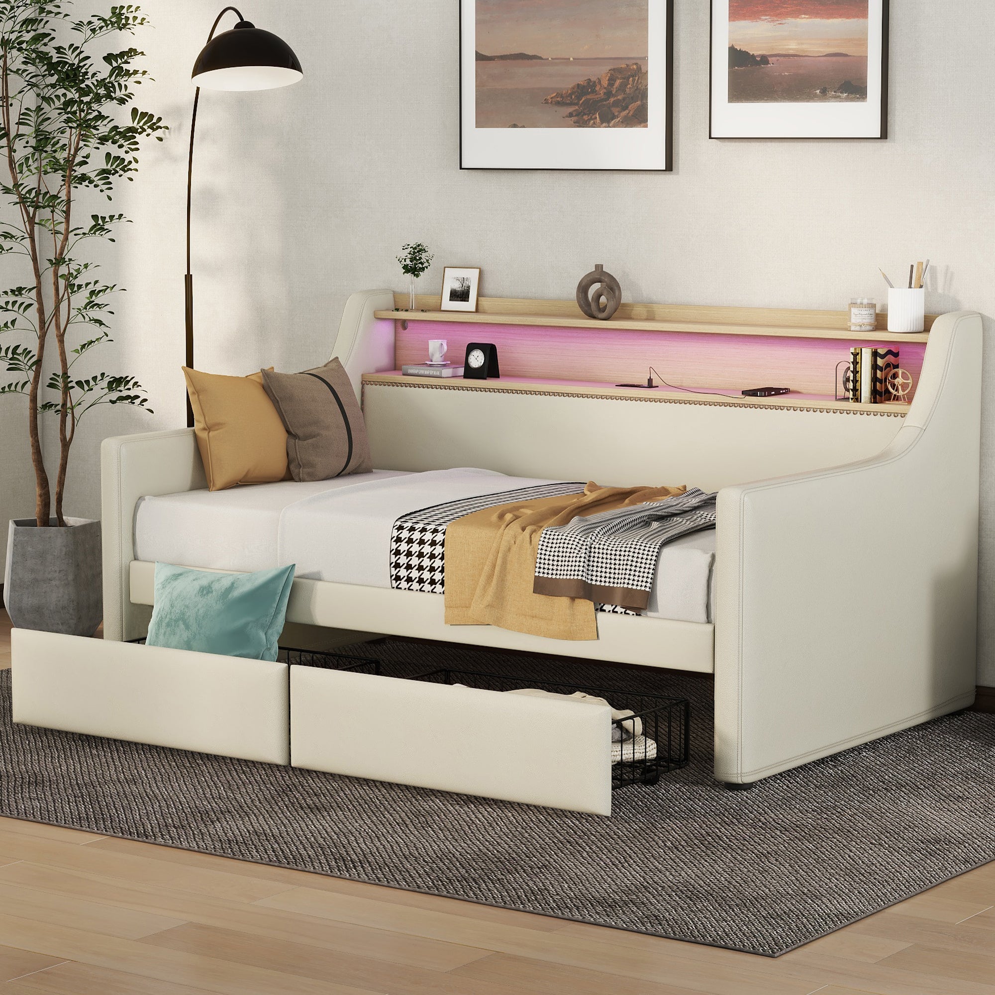 Twin Size Daybed with Storage Drawers, Upholstered Daybed with Charging Station and LED Lights, Beige (Old Item W1580S00022)