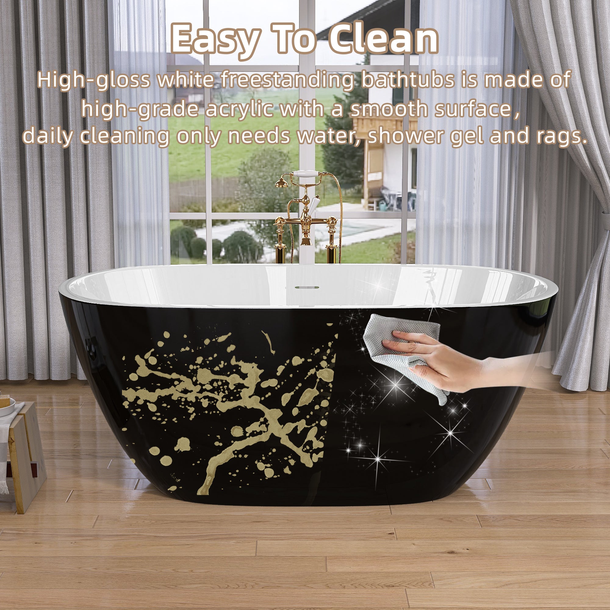 55" Acrylic Freestanding Bathtub Modern Stand Alone Soaking Bathtub with Overflow and Pop-up Drain Gloss Black