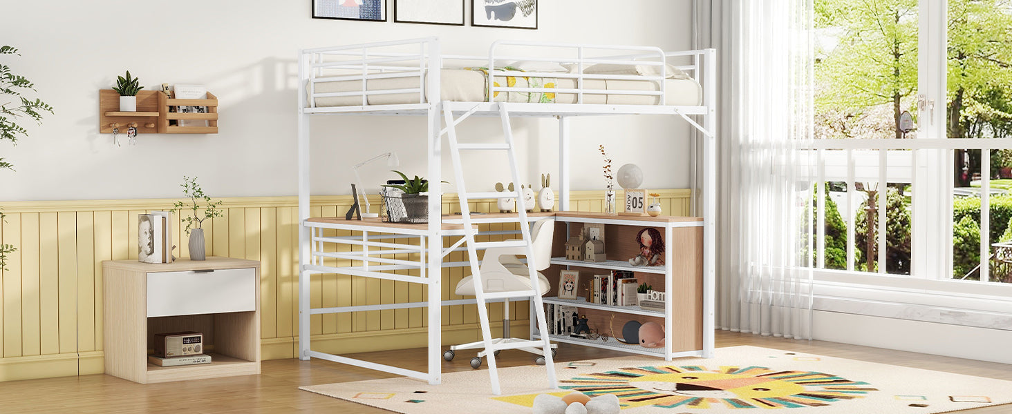 Full Size Metal Loft Bed with 3 Layers of Shelves and L-shaped Desk, White