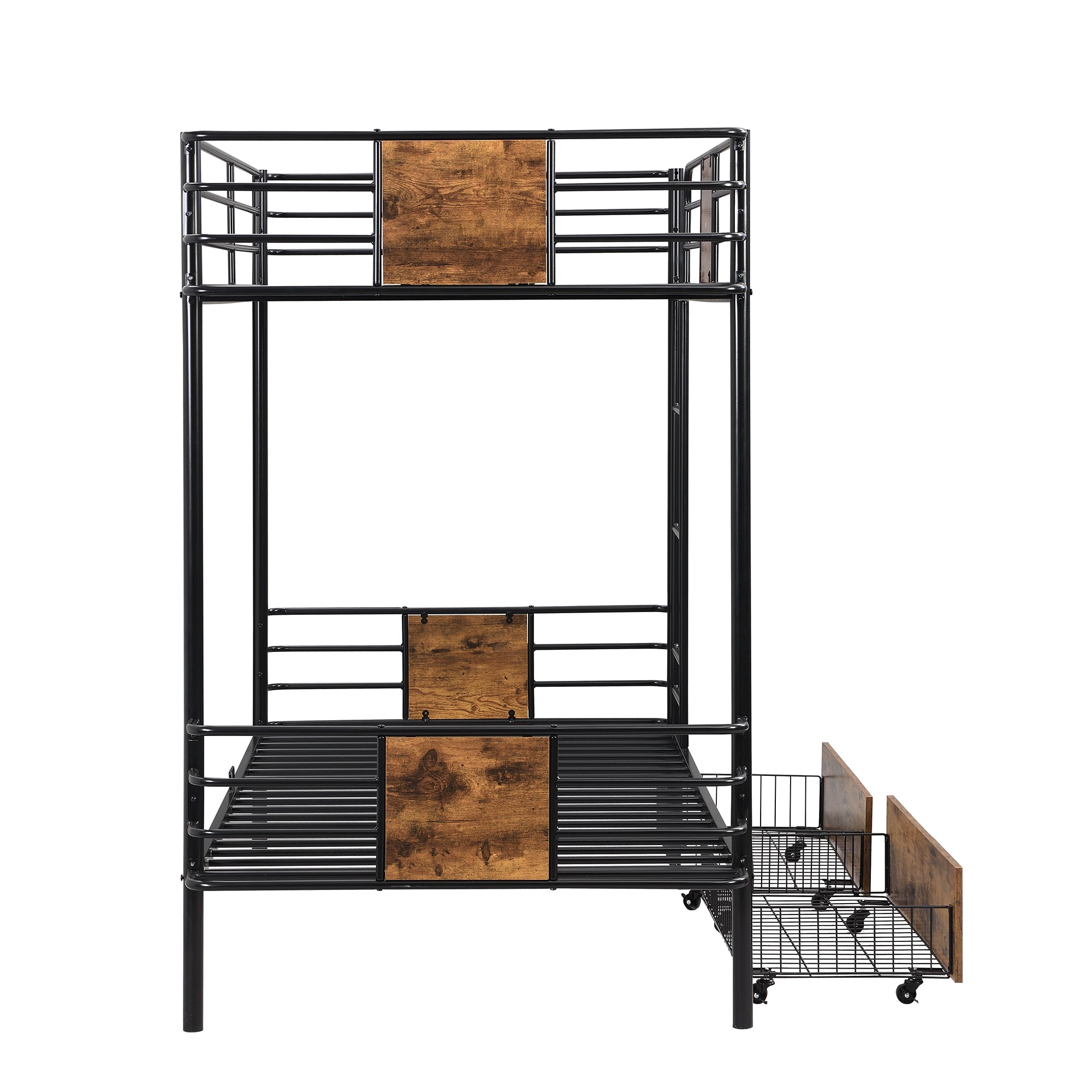 Twin XL over Twin XL Metal Bunk Bed with MDF Board Guardrail and Two Storage Drawers,Black