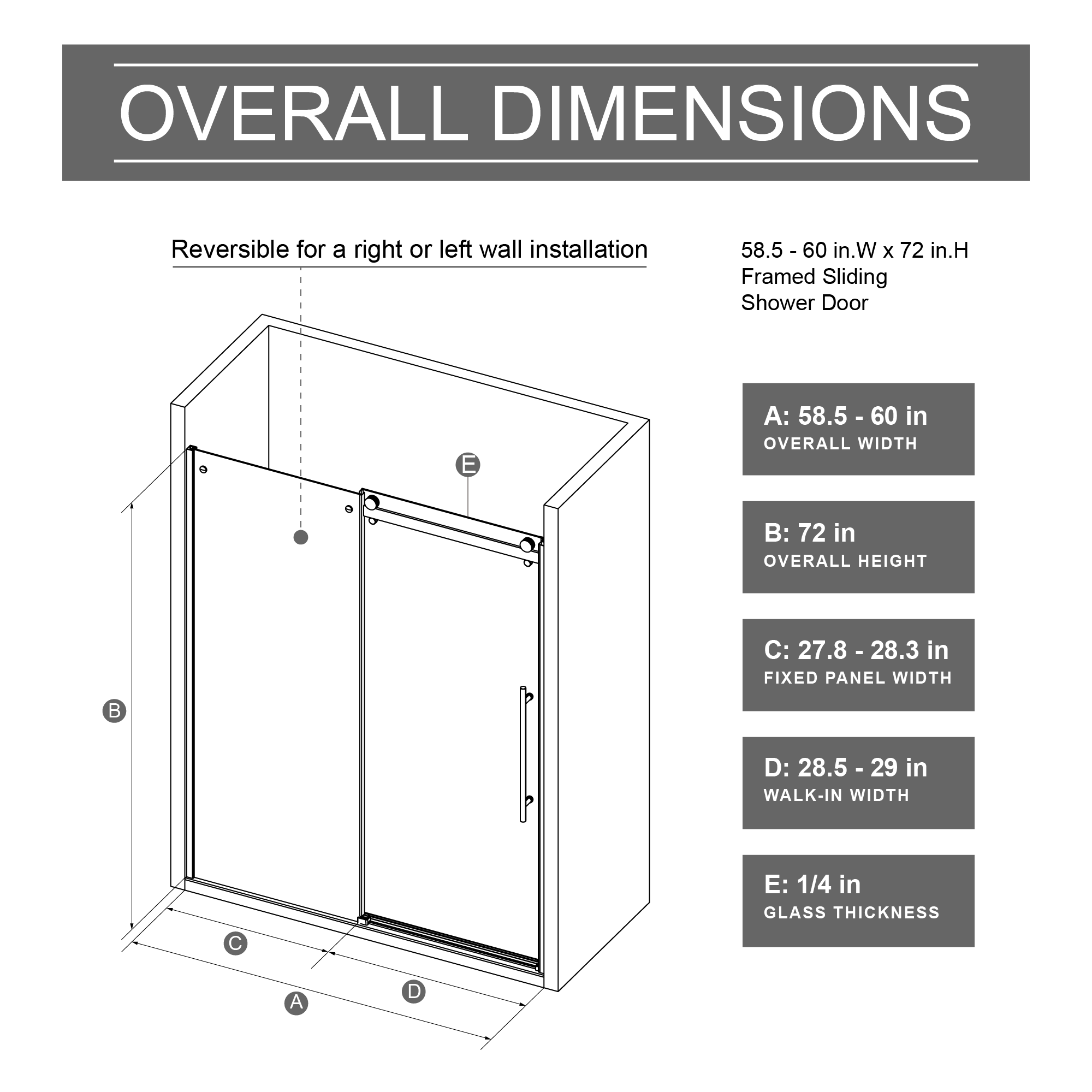 60 x 72 in Frameless Single Sliding Shower Door - 60 x 72 in / Chrome / Zinc Roller view 7