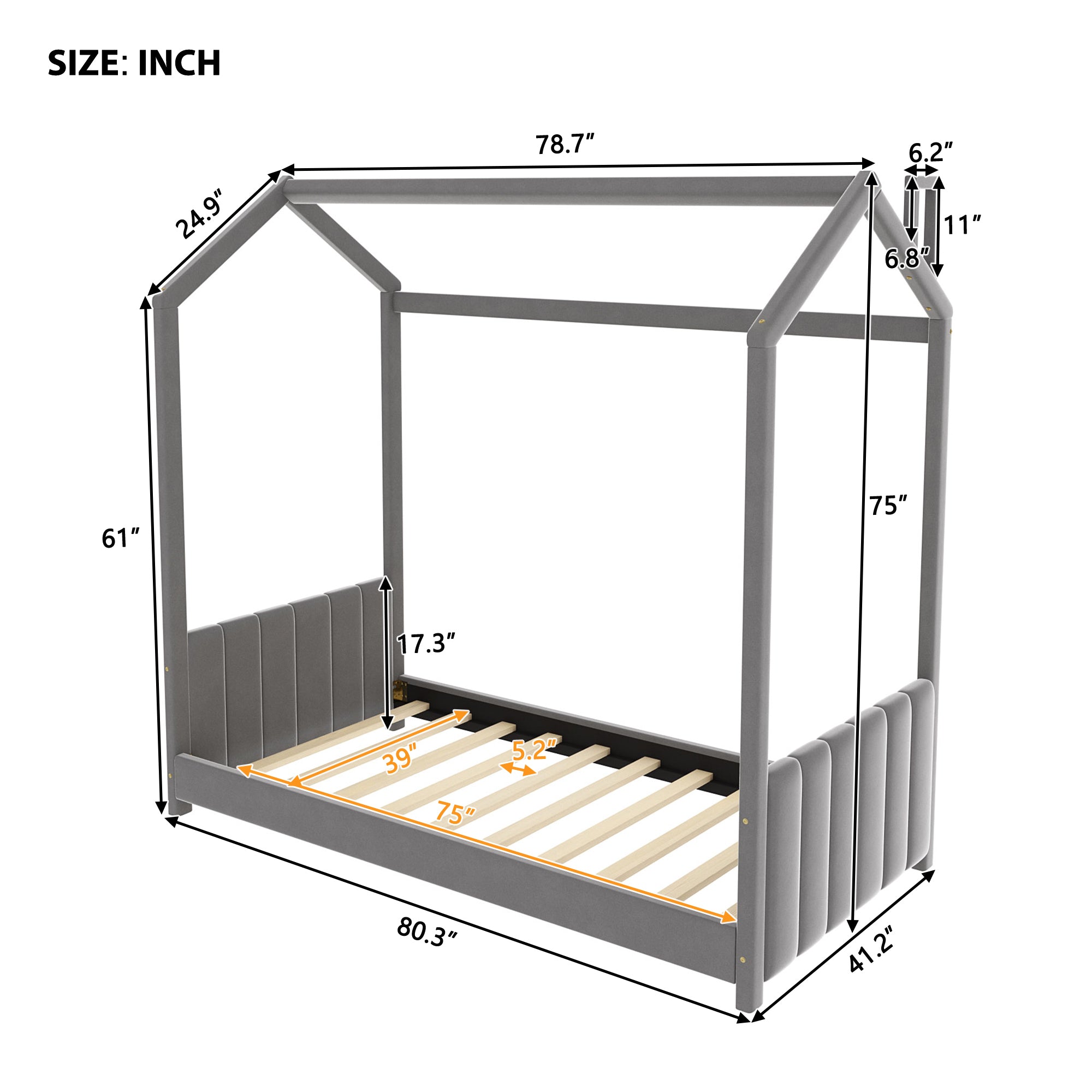 Twin Size Velvet House Bed Wood Bed, Gray