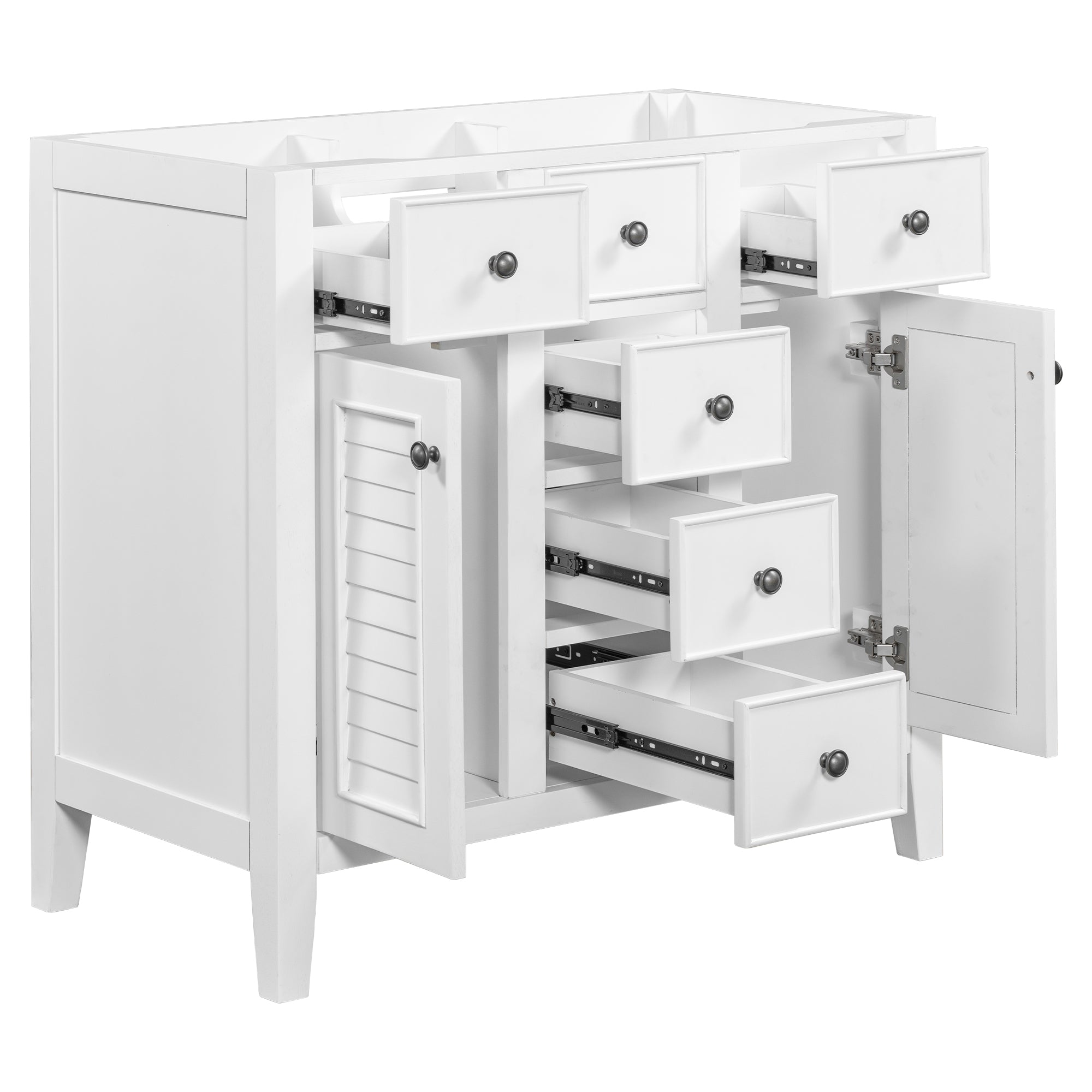 36" Bathroom Vanity without Sink, Cabinet Base Only, Two Cabinets and Five Drawers, Solid Wood Frame, White