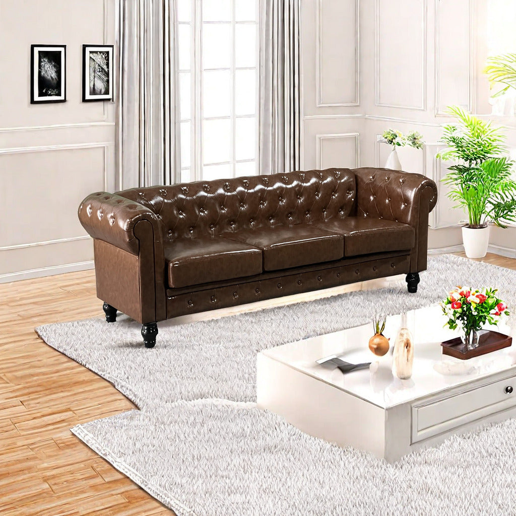 FX-P80P-PU3(SOFA) 3-seat Living Room Upholstered Sofa Modern Sofa Couches Set Style Button Tufted, PU Chesterfield Sofa for Living Room Apartment