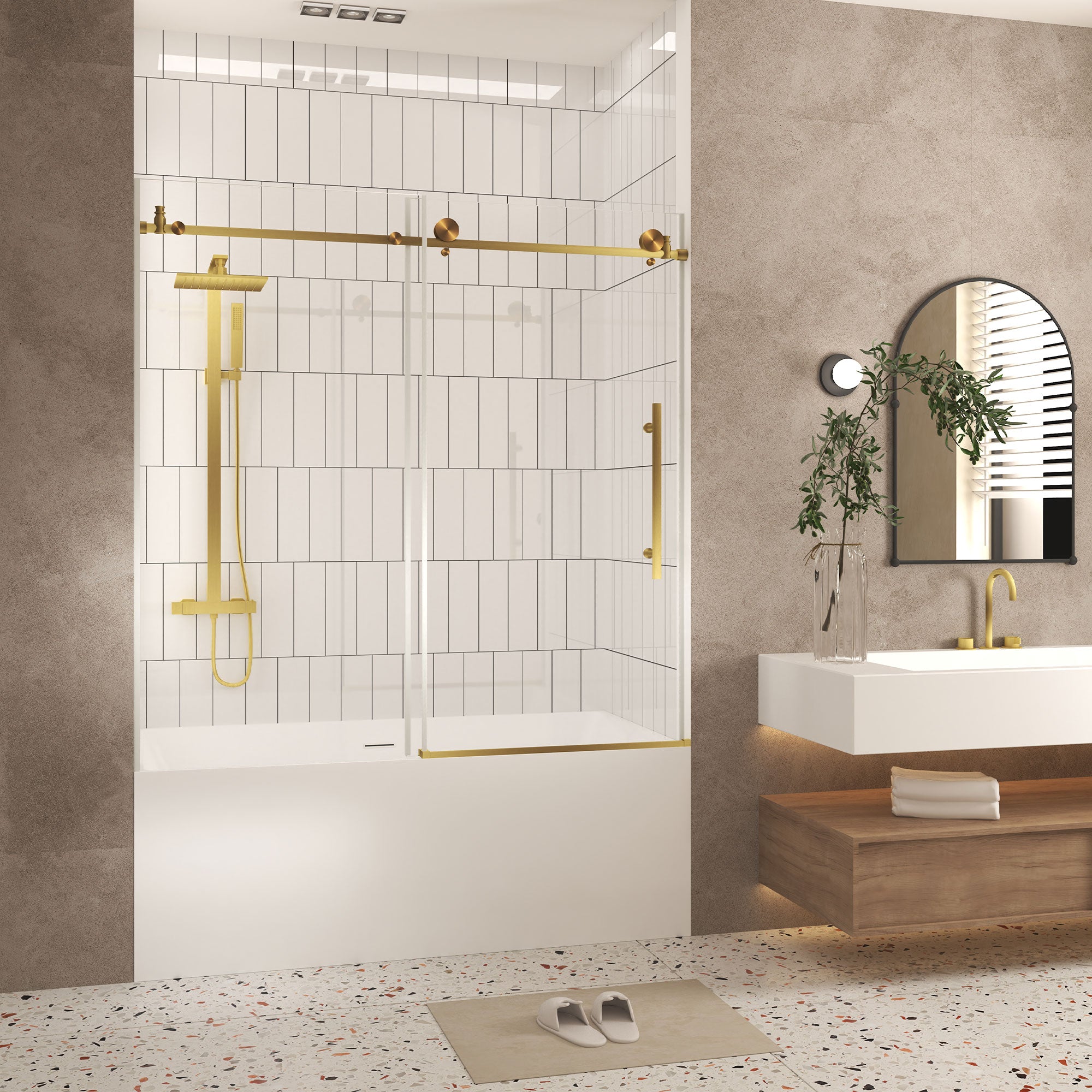 Frameless shower door 56-60 inch brushed gold glass detail