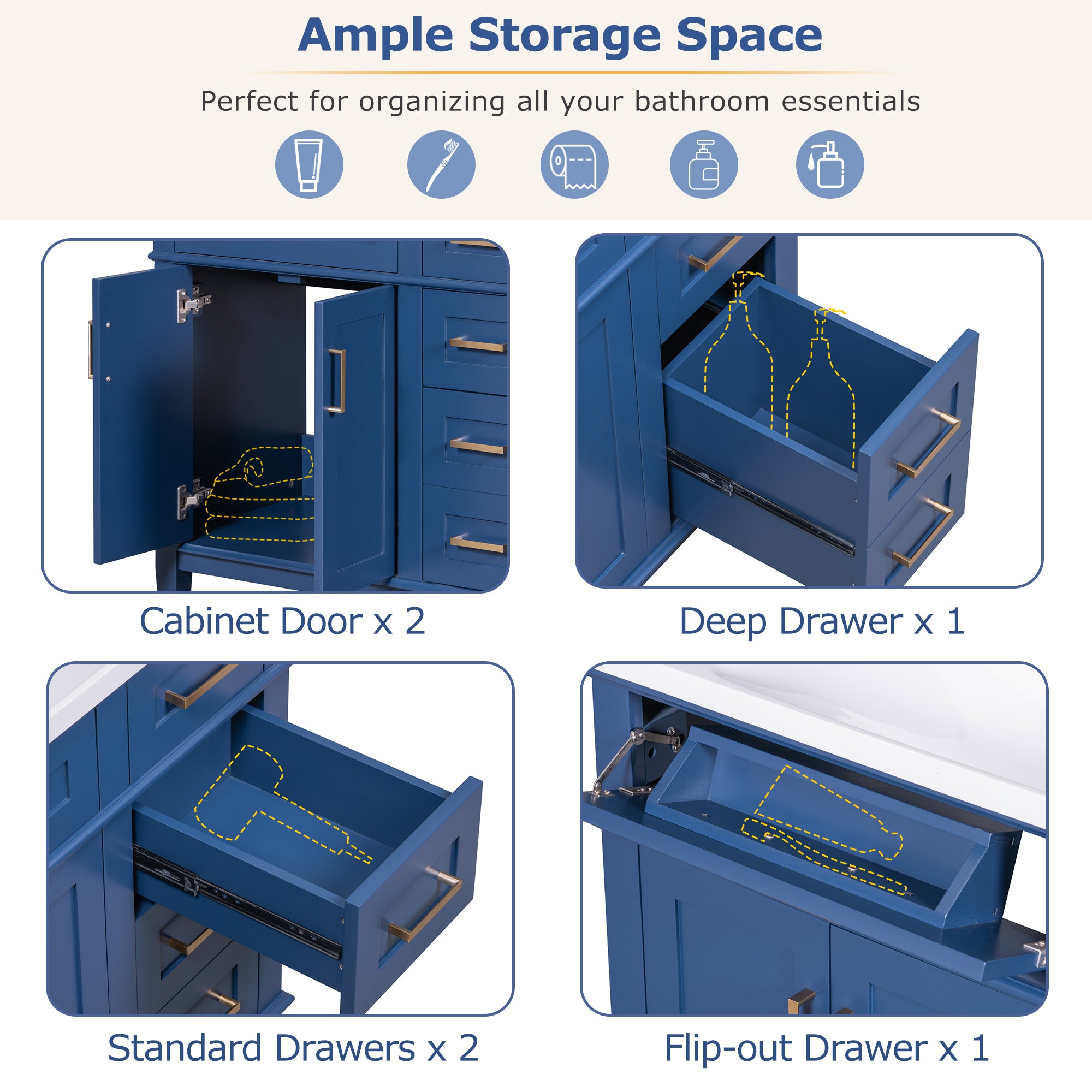 36-inch Bathroom Vanity with Resin Sink, Modern Bathroom Cabinet in Blue, Featuring Two Soft Close Doors and Four Drawers