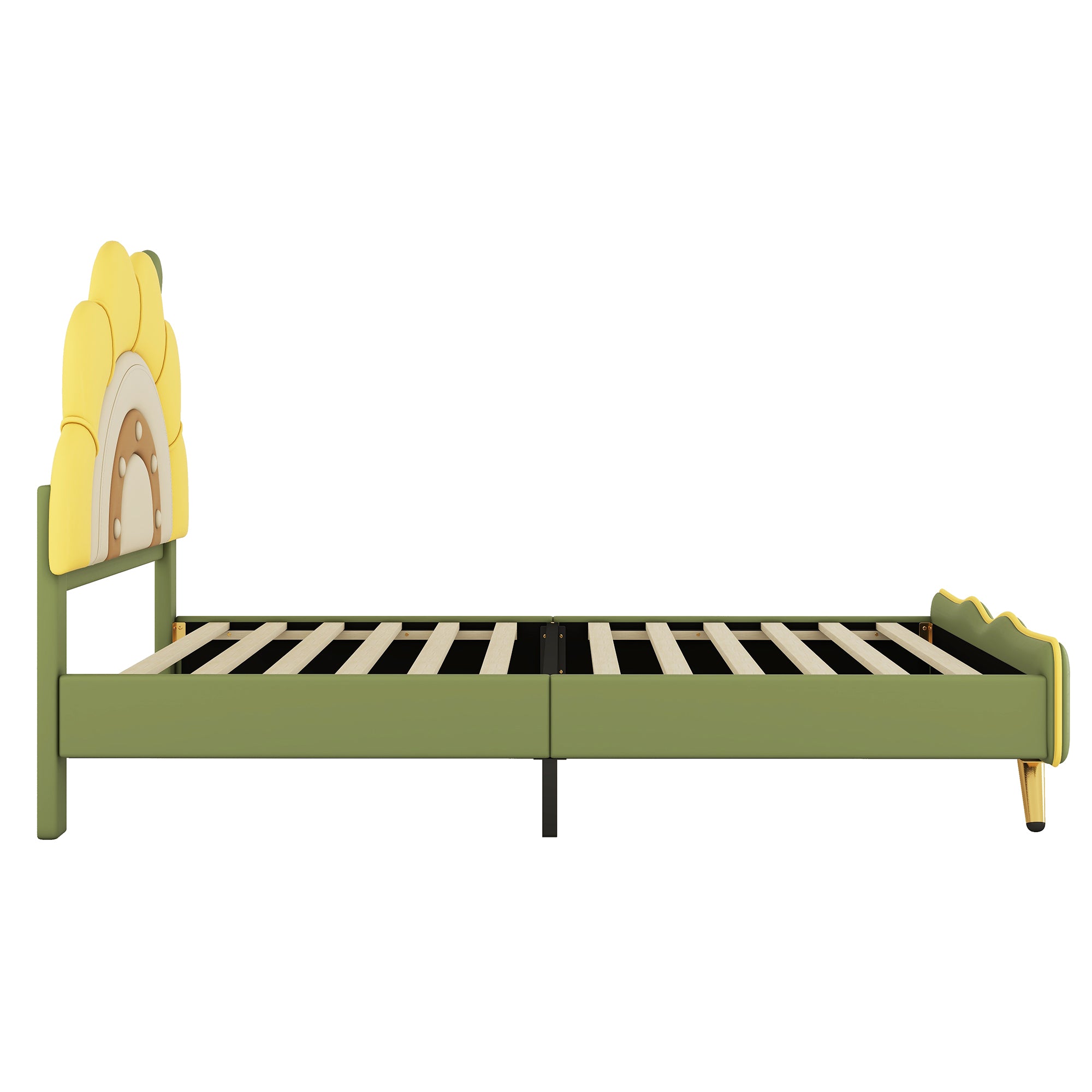 Twin Size Upholstered Platform Bed with Sunflower Shaped Headboard, Green