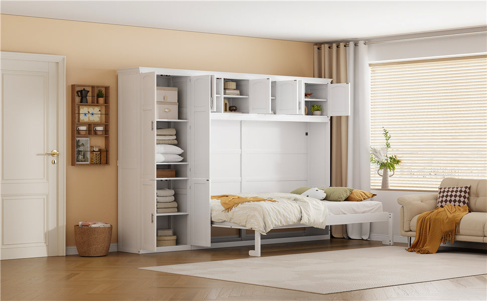 Queen Size Murphy Bed Wall Bed with Cabinets,White