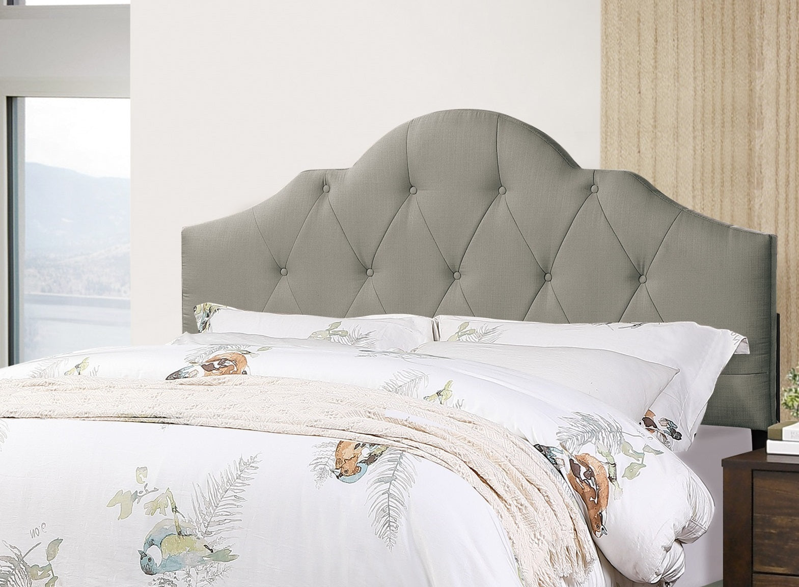 Majestic Arch 1pc Queen Size Bed Adjustable HB Grey Polyfiber Tufted Upholstered Wooden Bedframe Bedroom Furniture