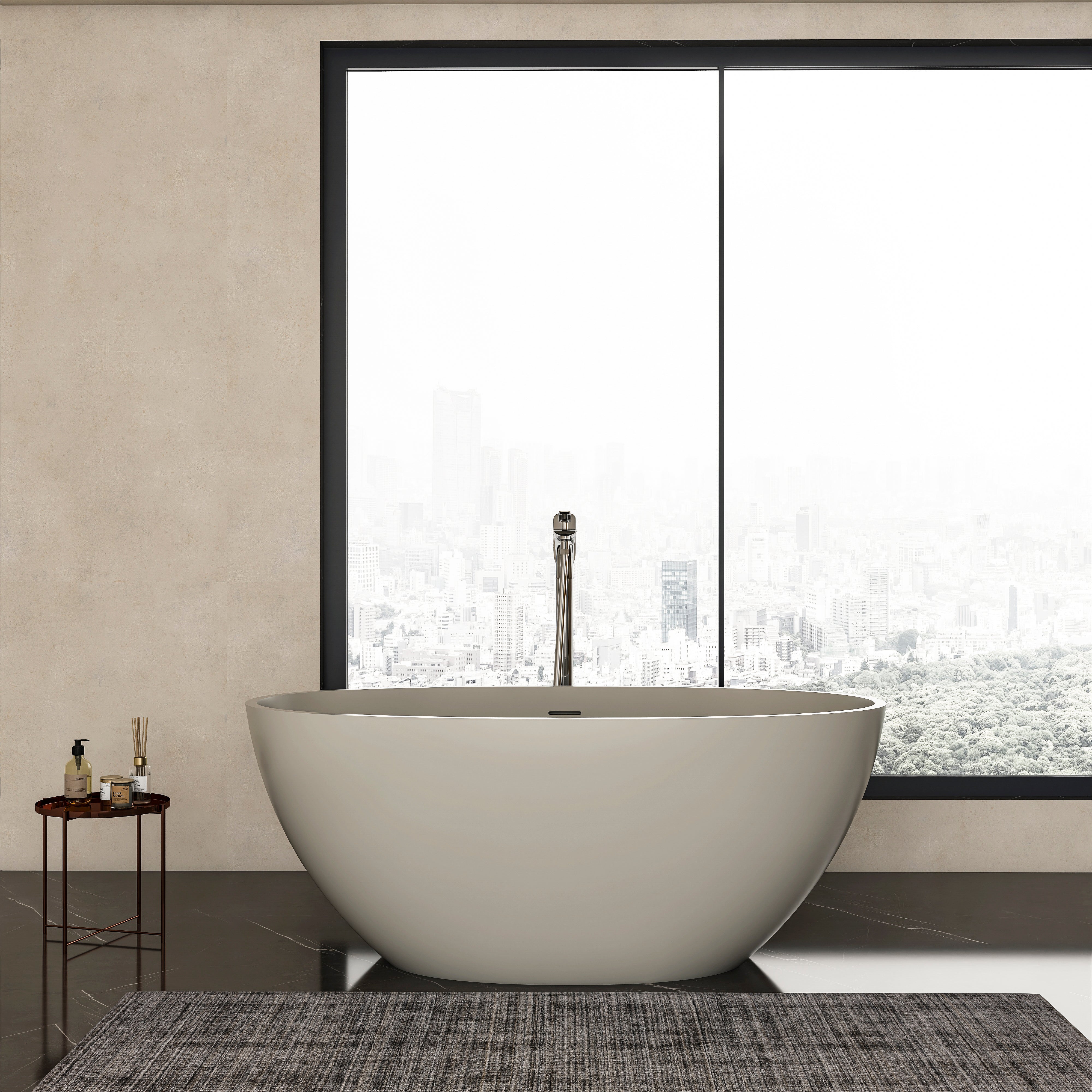 55 inch freestanding solid surface soaking bathtub in white, front view