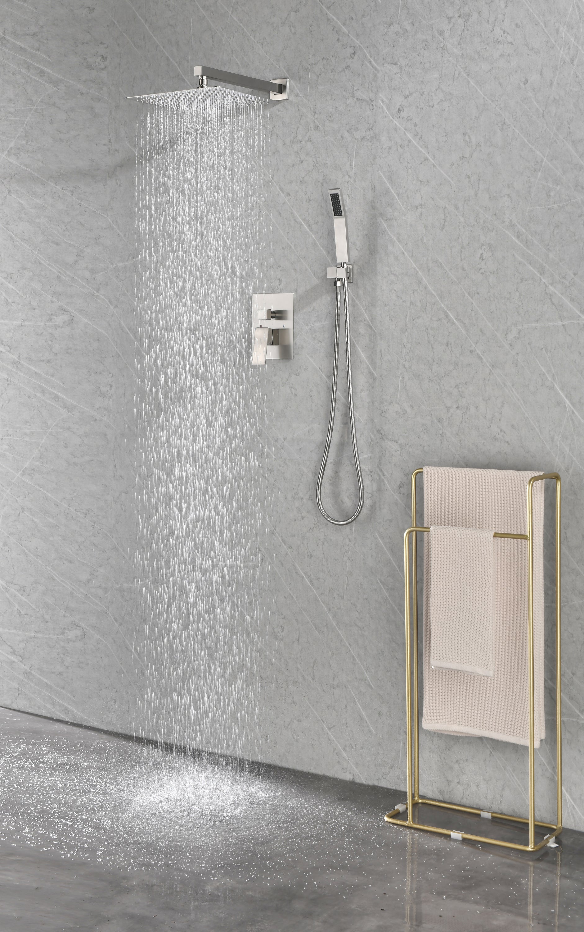 Shower System with Shower Head, Hand Shower, Hose, Valve Trim,Lever Handles and Niche