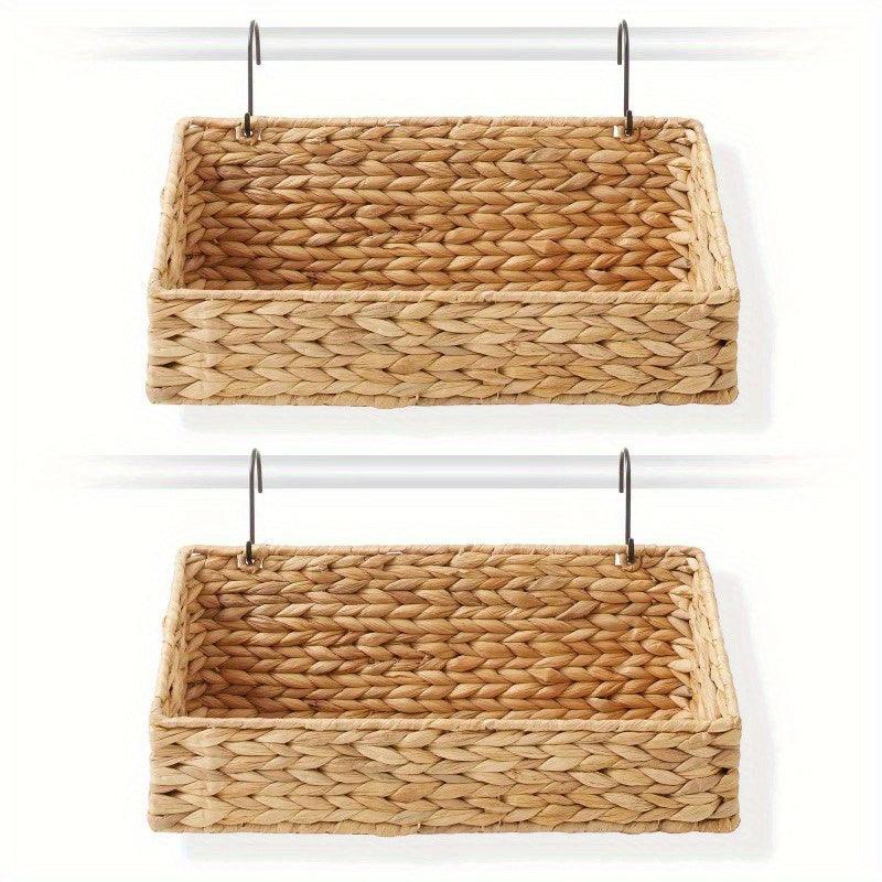 2 Pcs Hanging Baskets with Hooks, Woven Wicker Hyacinth Wall Mount Storage Bins