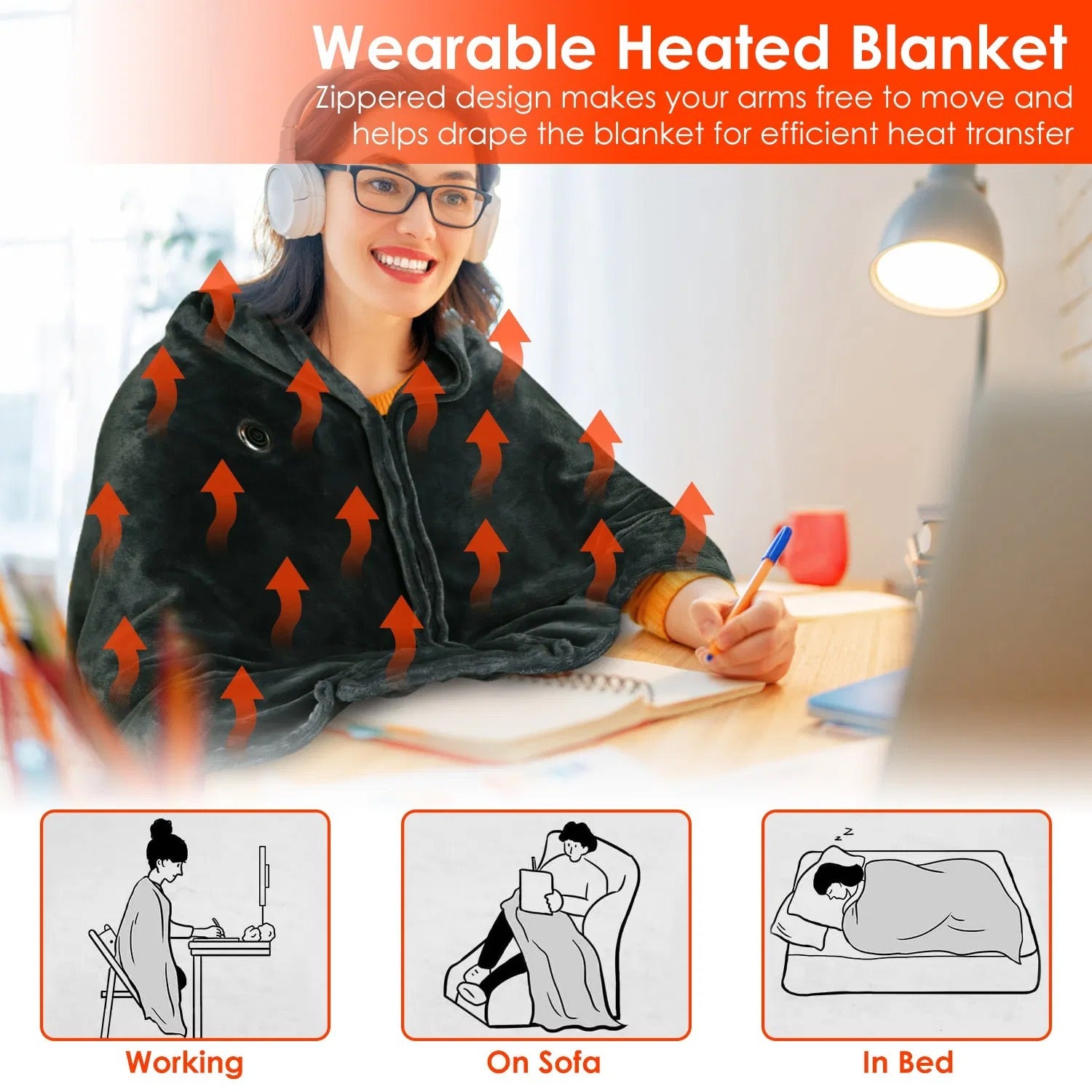 59x31in Heated Blanket Poncho Wrap w/ Zipper, Washable Throw for Home/Office