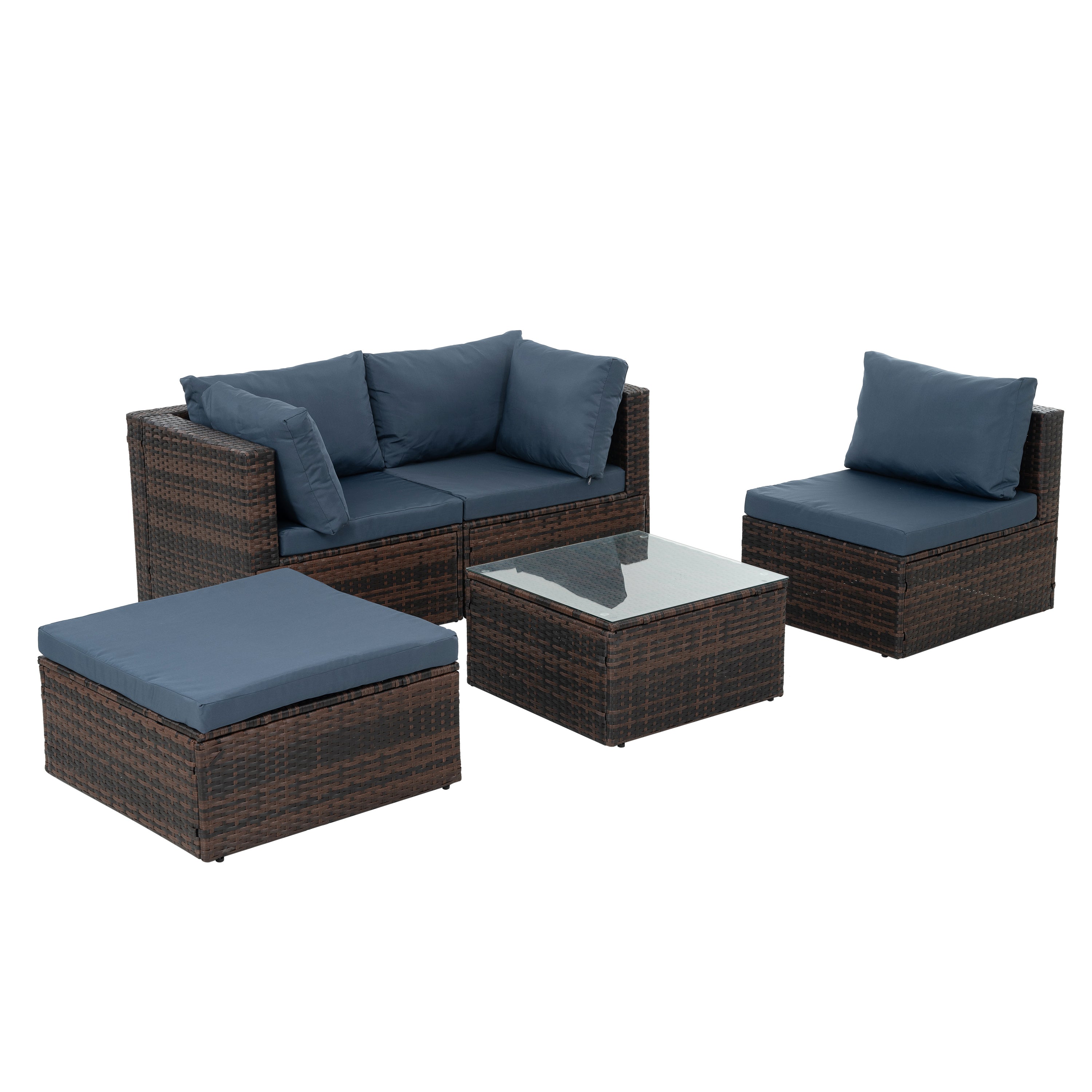 Patio Furniture, Outdoor Furniture, Seasonal PE Wicker Furniture, 5 Set Wicker Furniture With Tempered Glass Coffee Table,