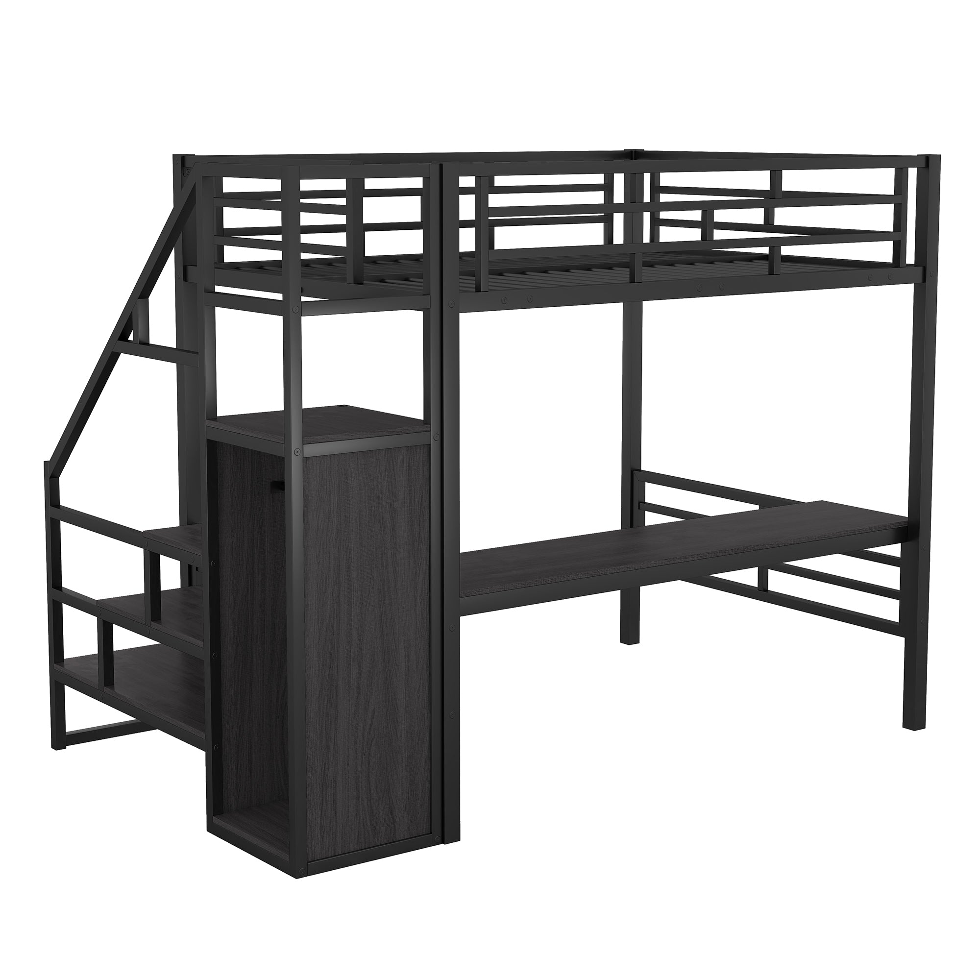 Full Size Metal Loft Bed with Desk, Storage Staircase and Small Wardrobe, Storage stairs can be installed left and right,Black