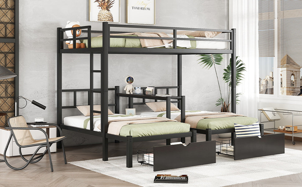 FULL XL Over Twin & Twin Triple Bunk Bed with Drawers, Multi-functional Metal Frame Bed with desks and shelves in the middle, Black