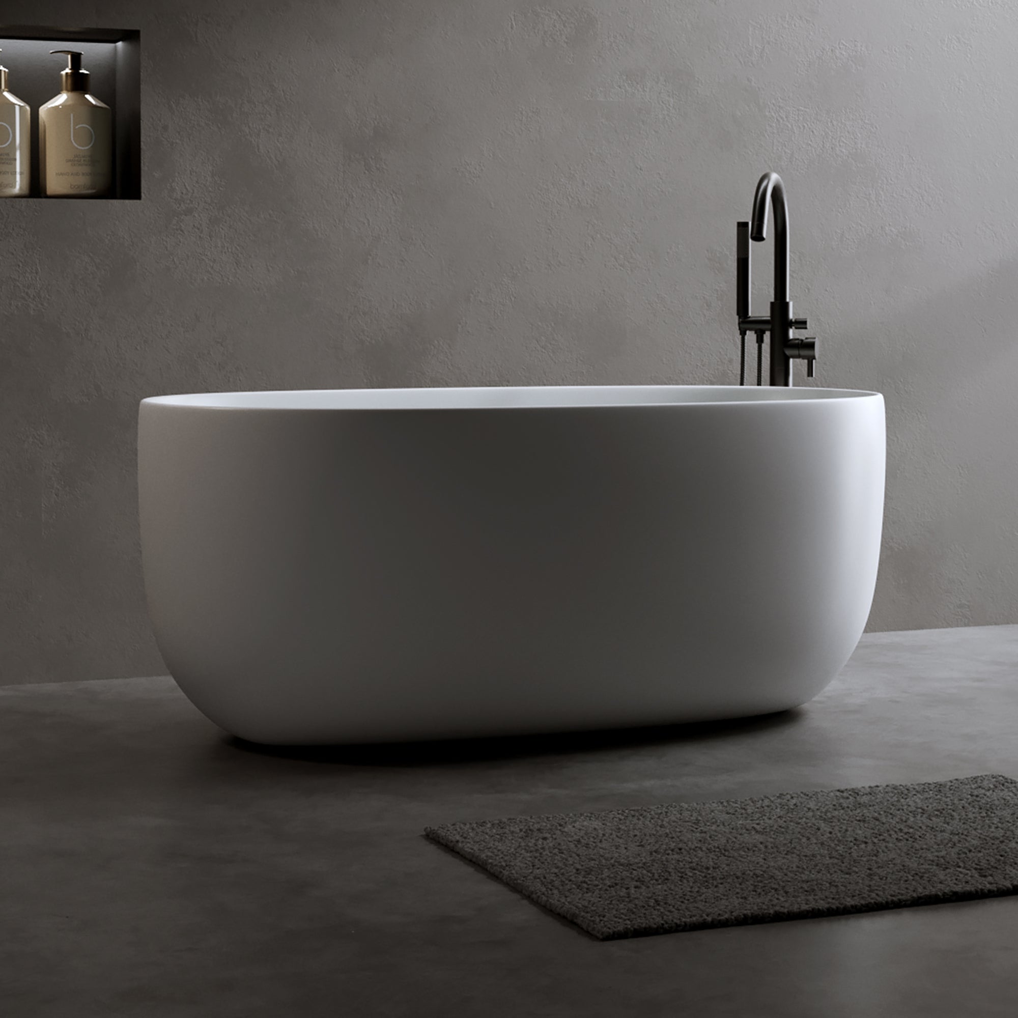 47'' Independent solid surface resin stone bathtub, a modern designed independent bathtub with pop-up drainage and overflow pipes, suitable for small households