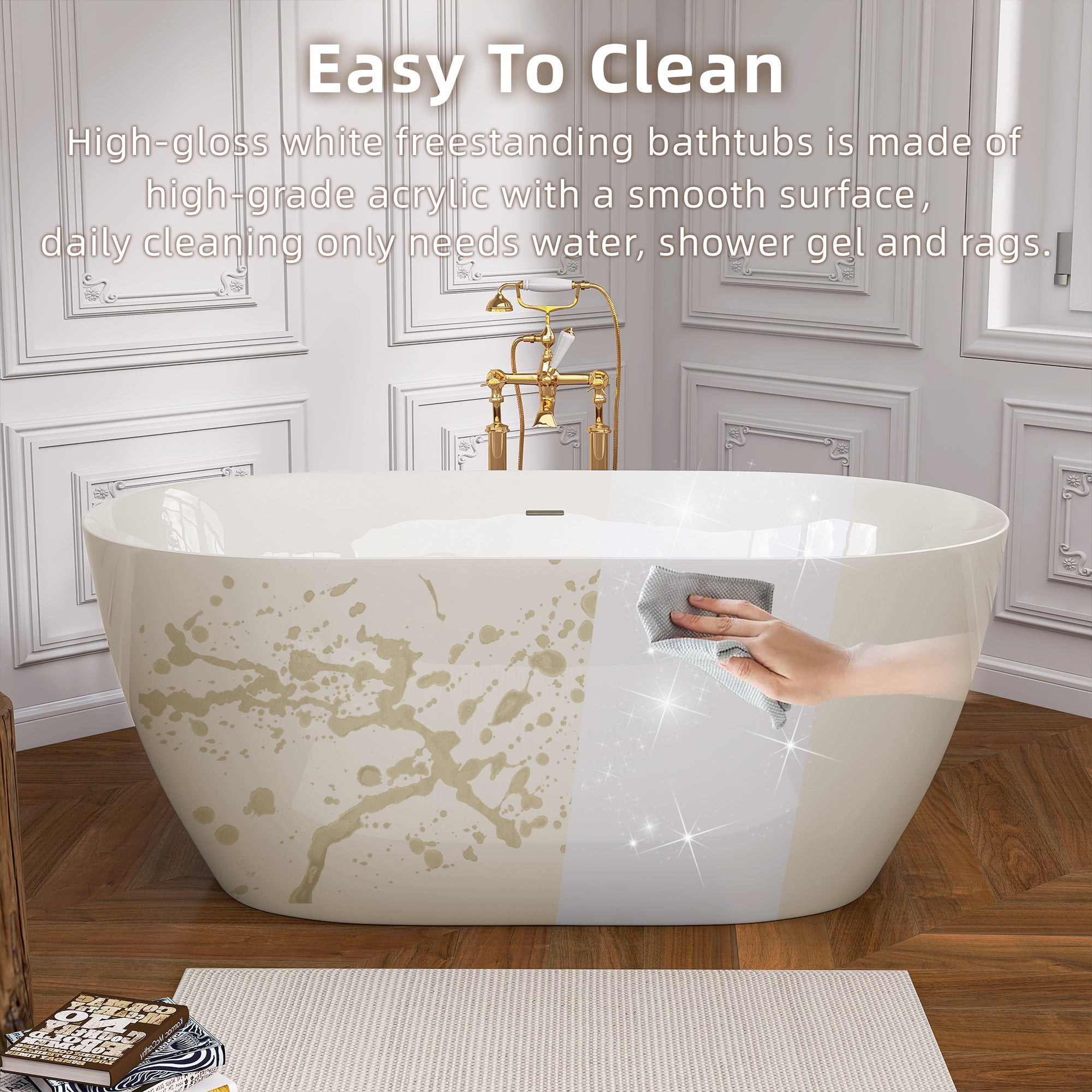 55" Acrylic Freestanding Bathtub Contemporary Soaking White Tub with Overflow and Pop-up Drain Gloss White