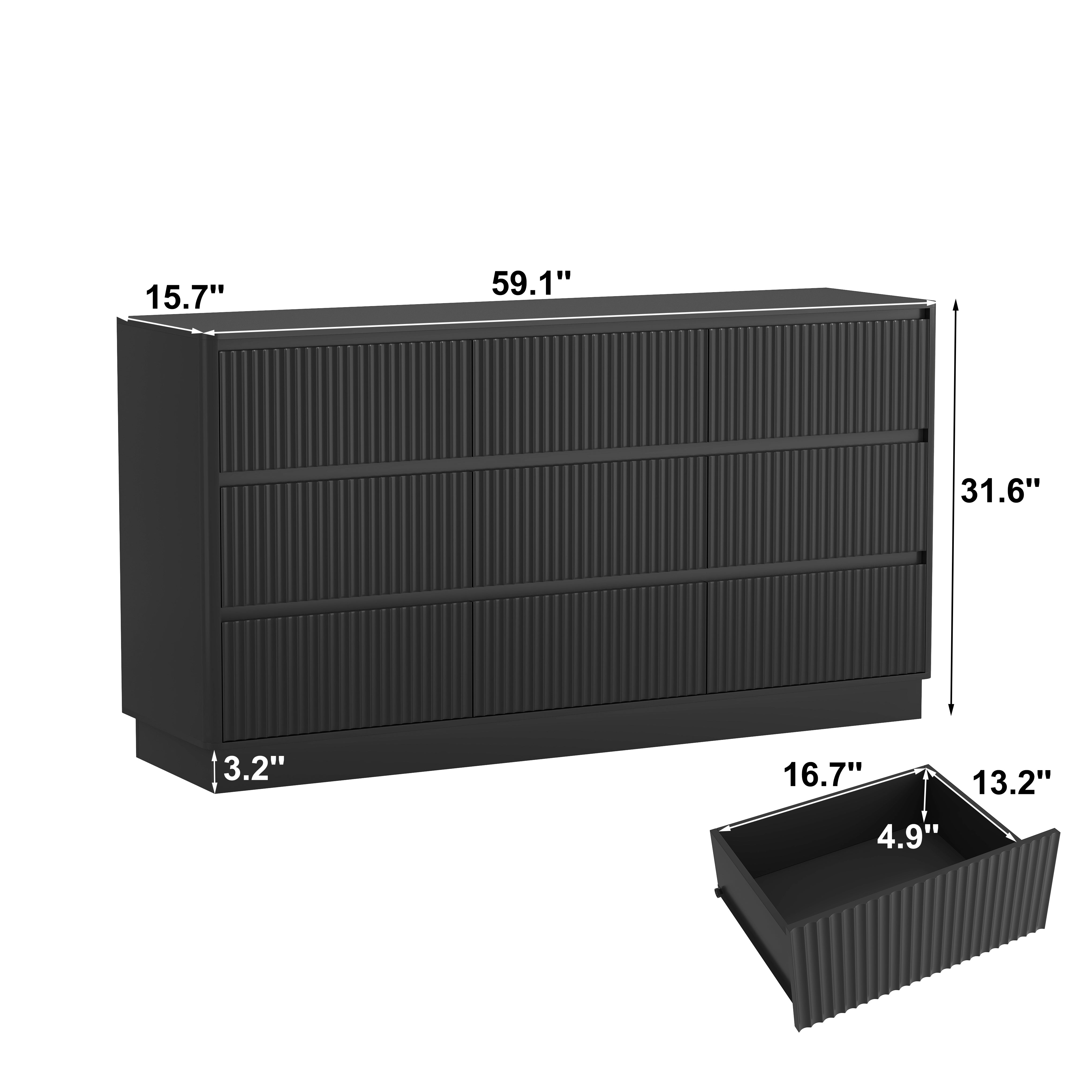 Black 9 drawer dresser TV stand, mid-century modern, angled view