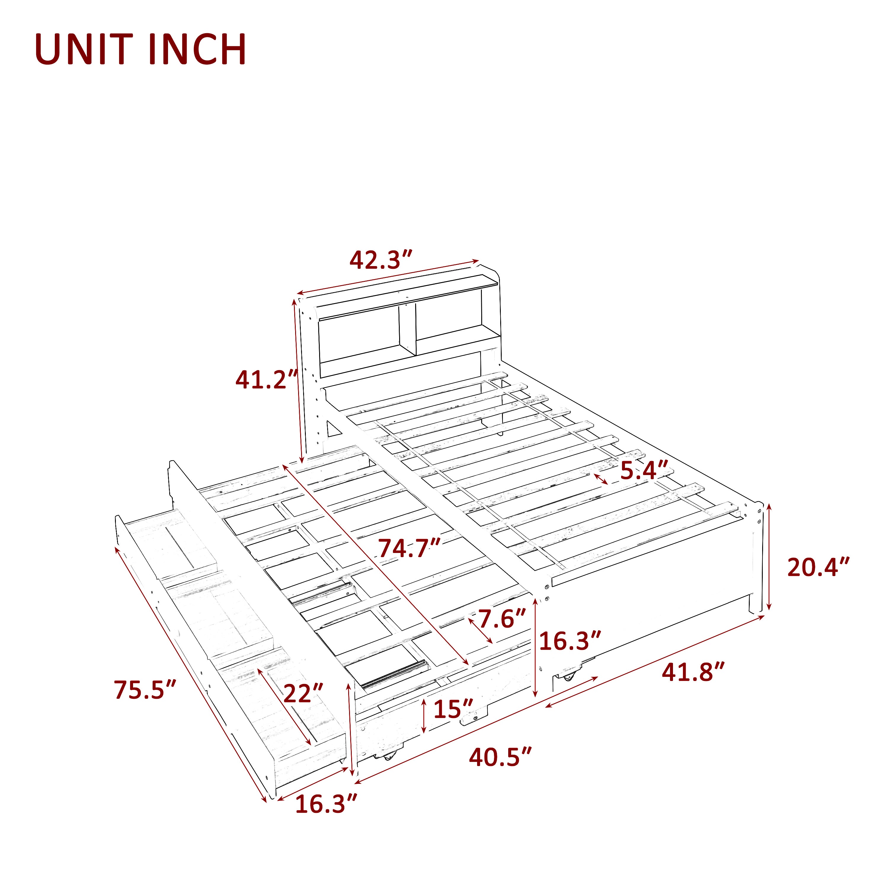 Twin Bed with Bookcase,Twin Trundle,Drawers,White